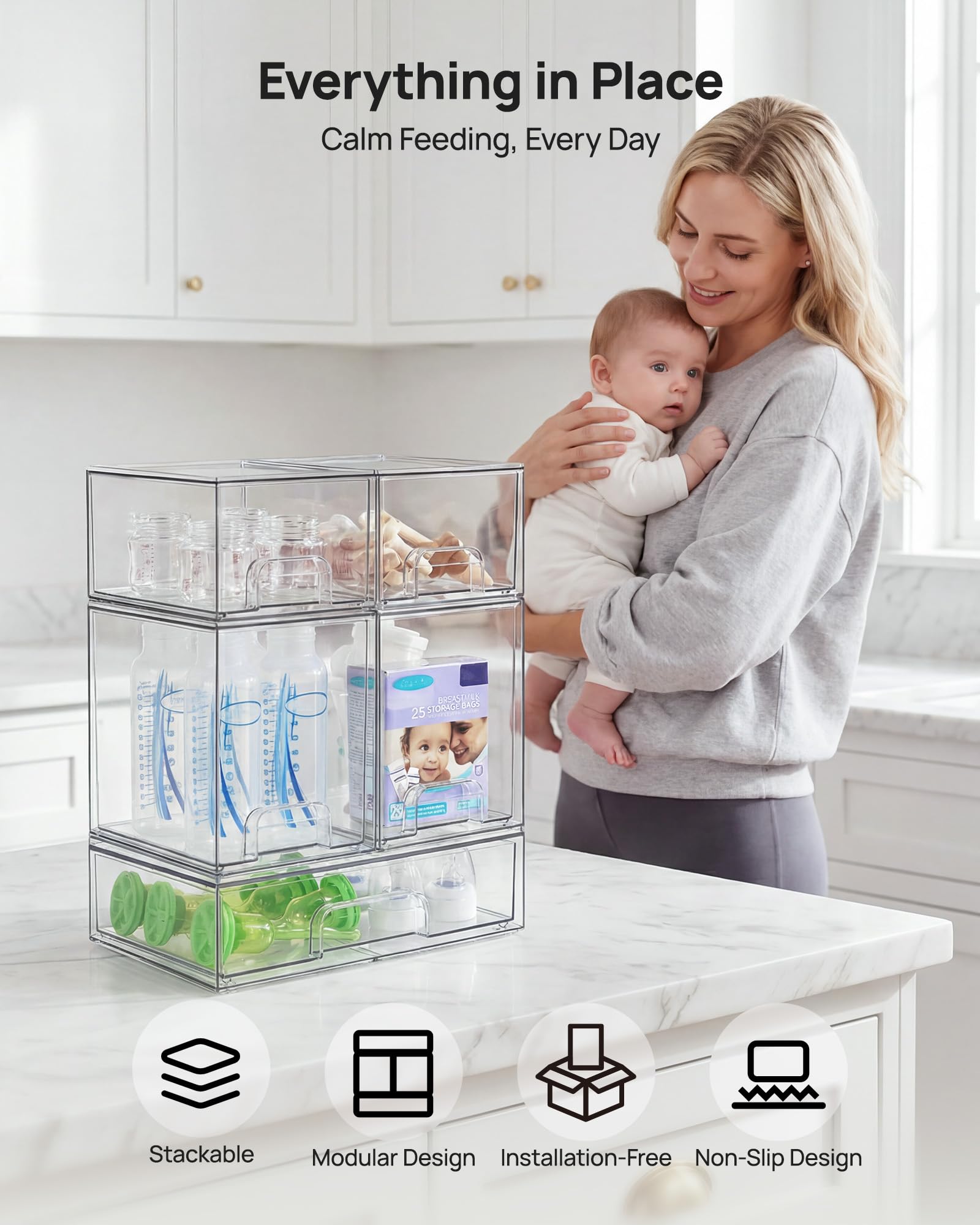 Vtopmart Stackable Storage Drawers Set of 5, Clear Plastic Organizer Bins for Baby Bottle, Beauty Supplies Storage, Ideal for Kichen Countertop, Vanit detail view 4