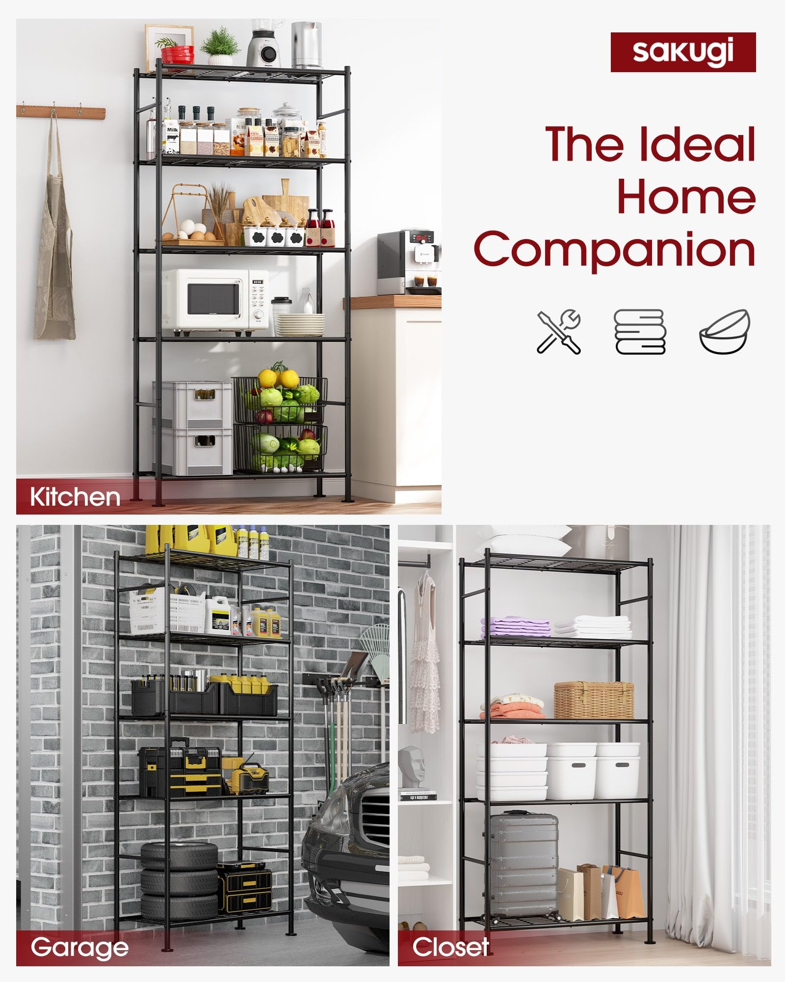Sakugi Storage Shelves - 5 Tier Shelf Organizer, Heavy Duty Garage Shelving Unit with Leveling Feet, Stable Metal Shelves Organizer for Pantry, Kitche detail view 4