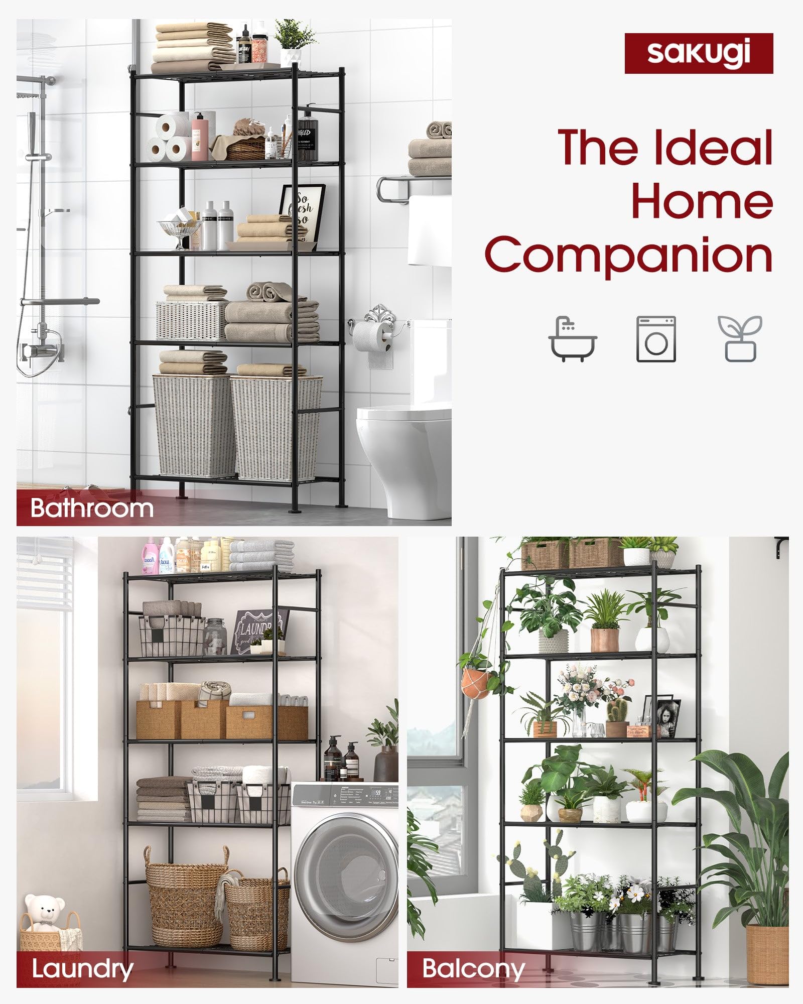 Sakugi Storage Shelves - 5 Tier Shelf Organizer, Heavy Duty Garage Shelving Unit with Leveling Feet, Stable Metal Shelves Organizer for Pantry, Kitche detail view 5