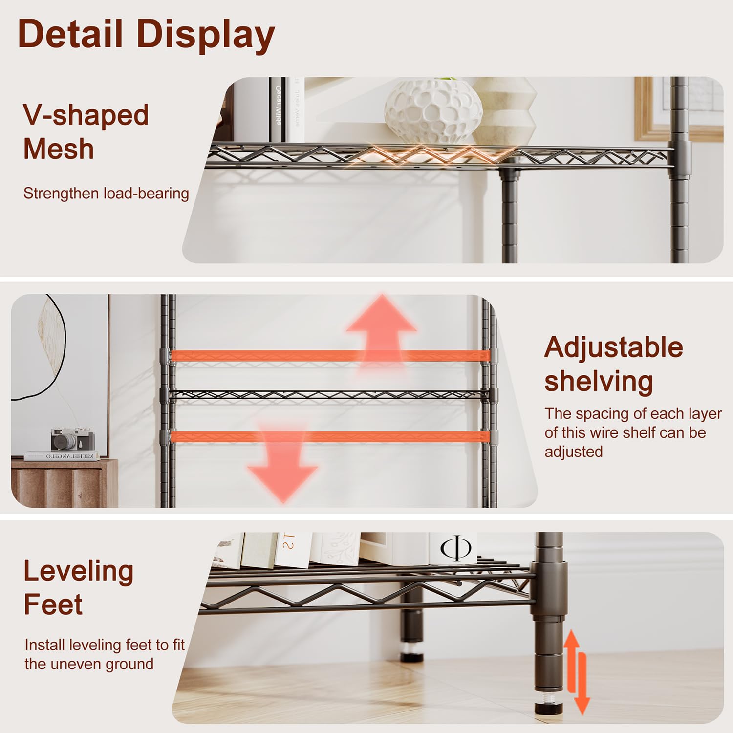 BestOffice | 4-Tier Wire Storage Shelves | 36x14x54 | Black | with Adjustable Racks | Heavy-Duty Metal Shelf, Holds Upto 1000 lbs | No-Tool Assembly | detail view 5