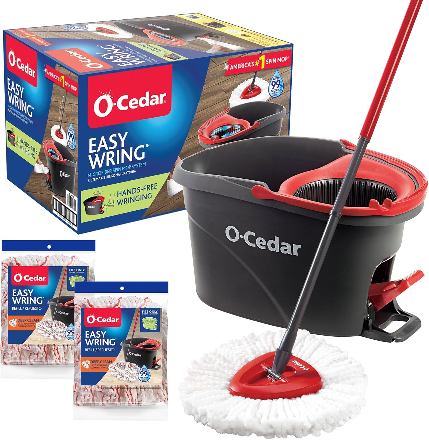 O-Cedar EasyWring Microfiber Spin Mop, Bucket Floor Cleaning System, Red, Gray, - View 3