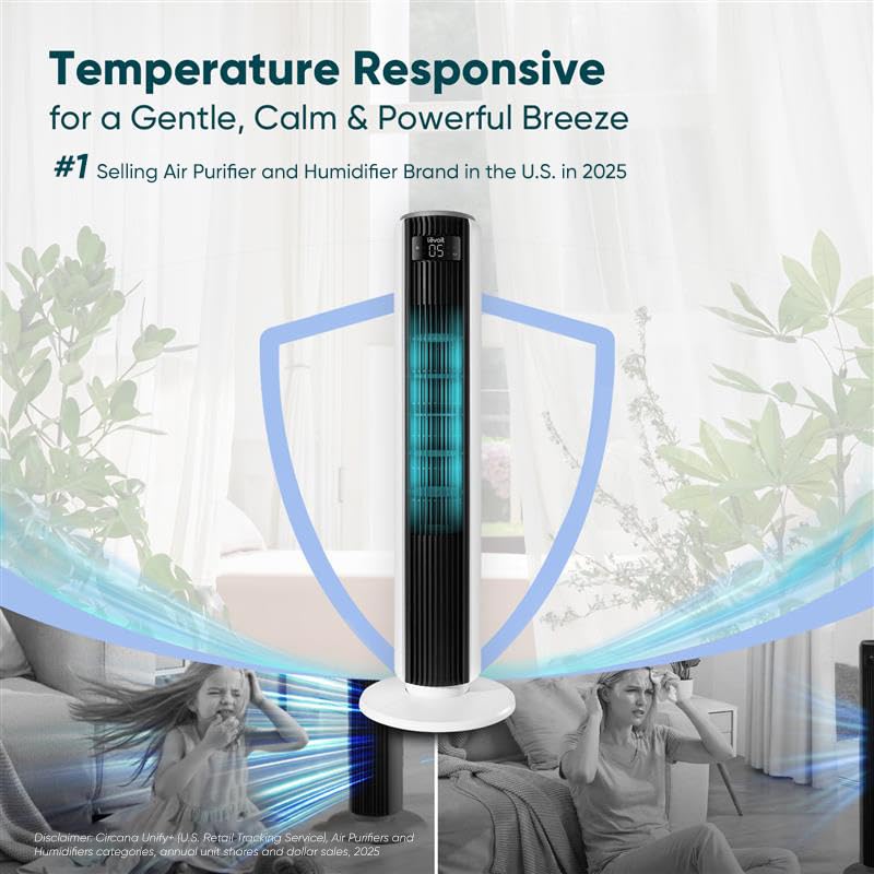 LEVOIT Tower Fan for Bedroom, 90° Oscillating Standing Fan with 28dB Quiet for Sleep, 25ft/s Velocity, 12H Timer, 5 Speeds 4 Modes, Remoter, Bladeless detail view 2