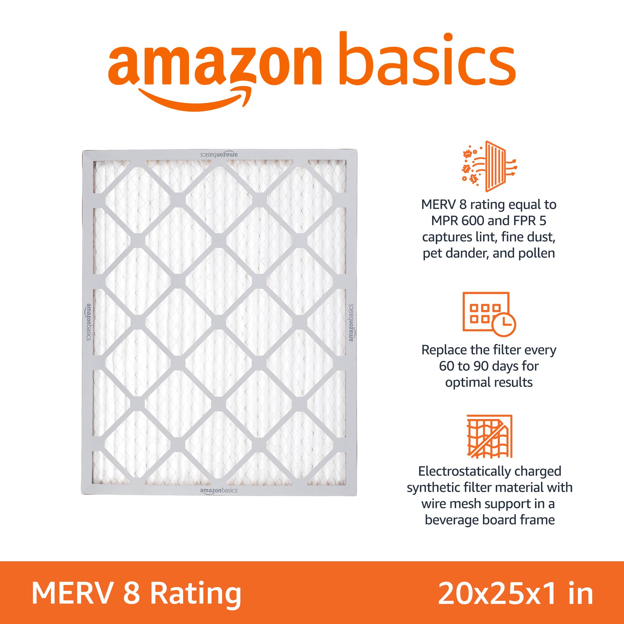 Amazon Basics 20x25x1 Air Filter 6-Pack, MERV 8 AC Furnace Filters, Removes Dust, Electrostatic, Allergy Control detail view 2