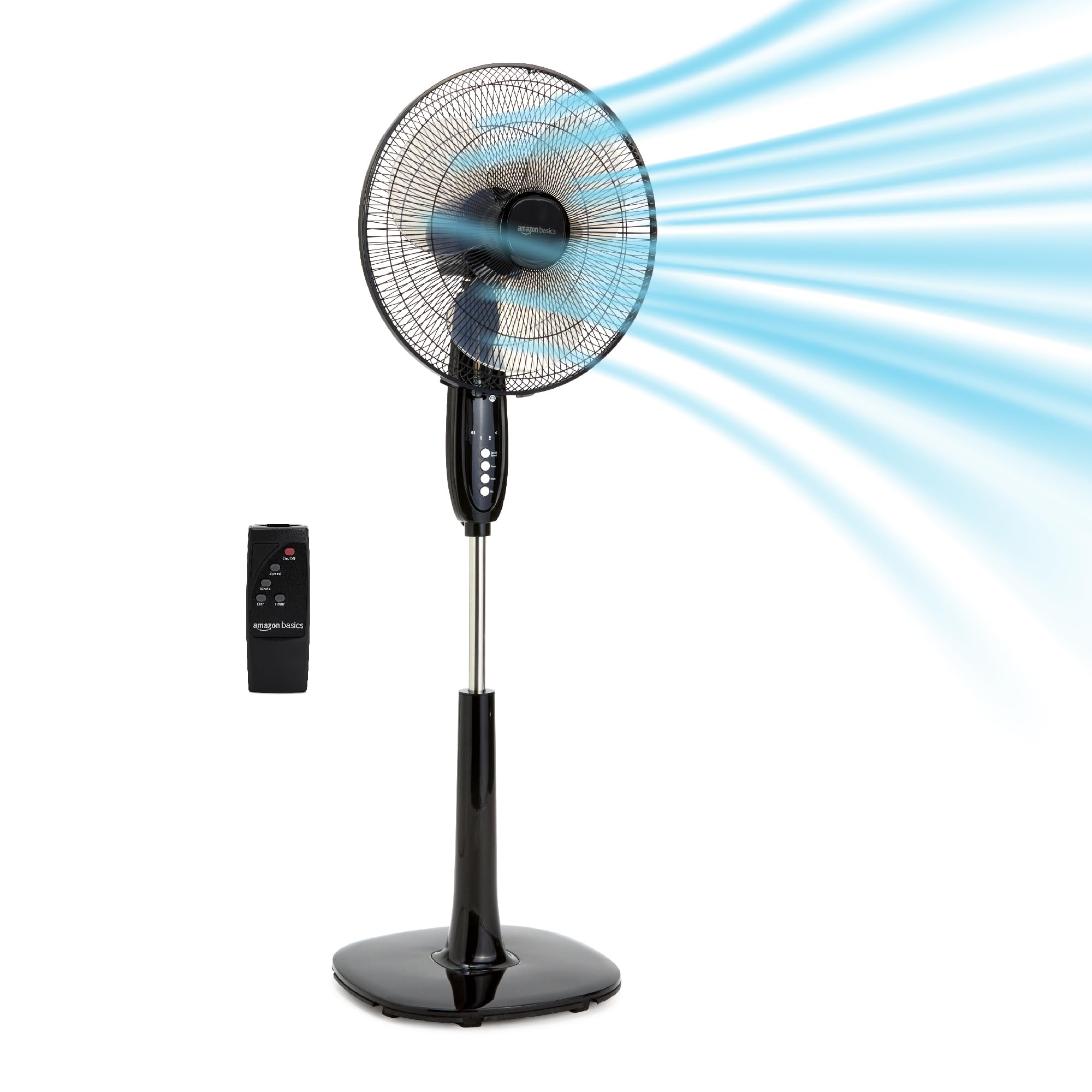 Amazon Basics 16" Pedestal Fan with Remote for Bedroom, Living Room, Office, Adjustable Height, Dual-Layered Blades, 3 Speeds, 3 Modes, Timer, Tilt He
