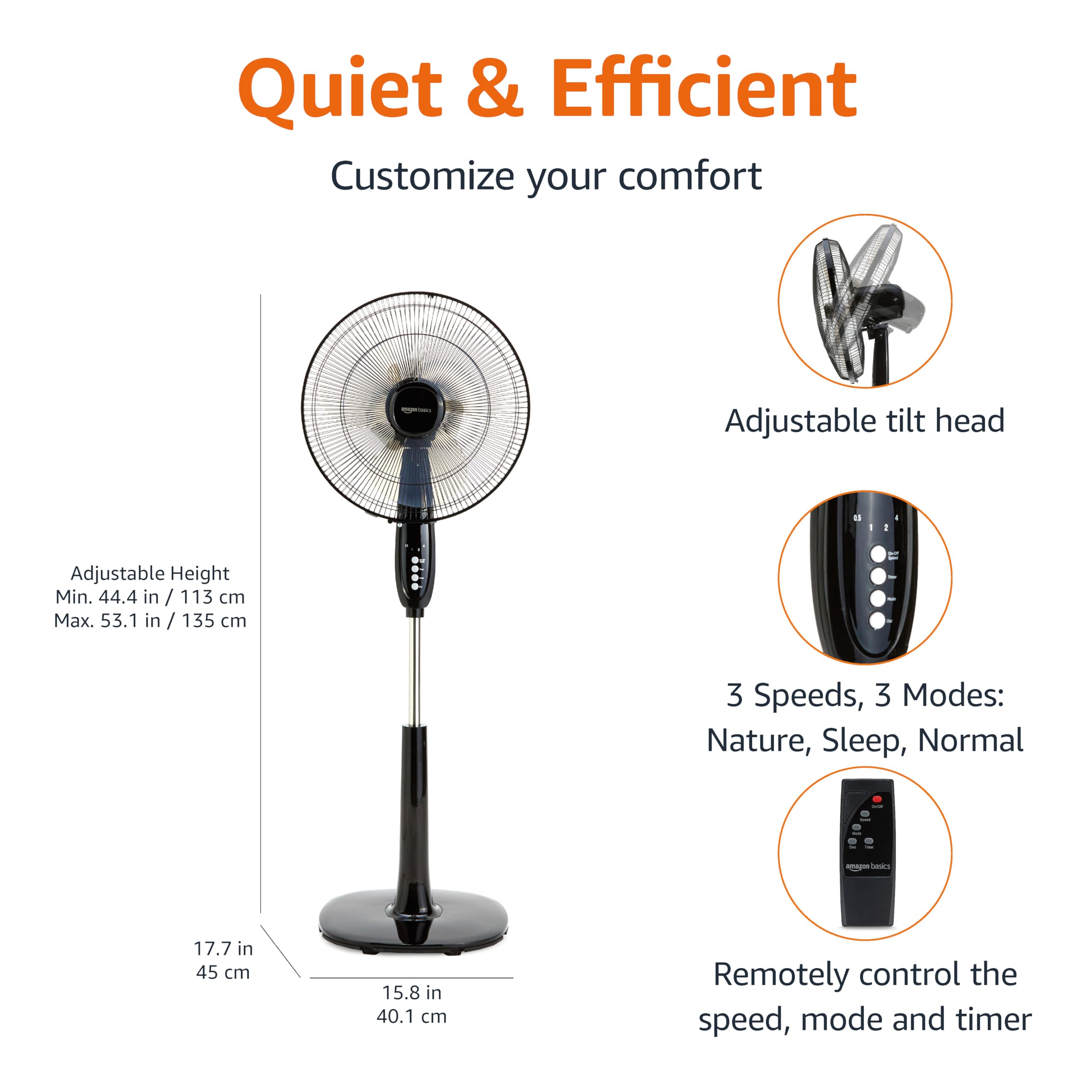 Amazon Basics 16" Pedestal Fan with Remote for Bedroom, Living Room, Office, Adjustable Height, Dual-Layered Blades, 3 Speeds, 3 Modes, Timer, Tilt He detail view 2