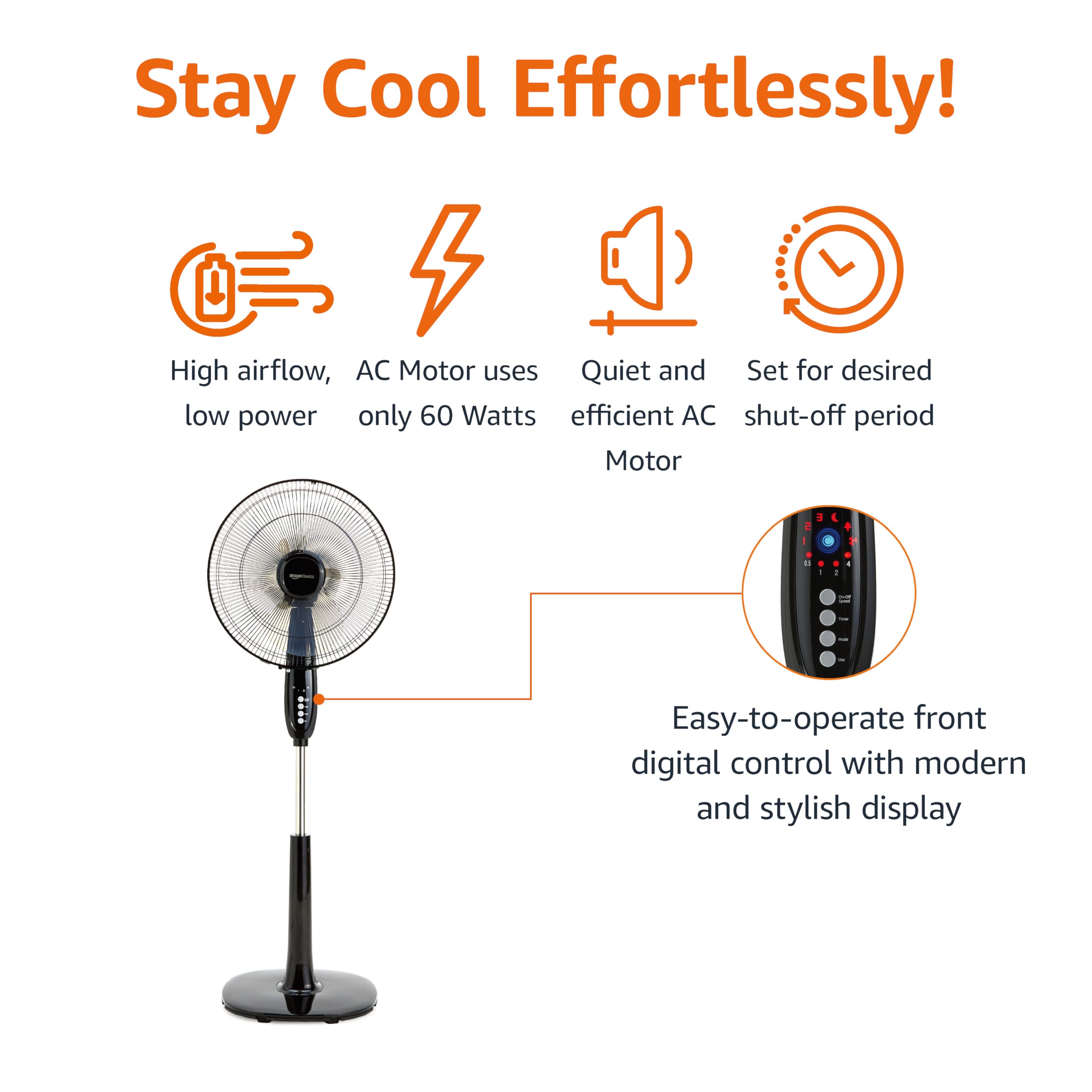 Amazon Basics 16" Pedestal Fan with Remote for Bedroom, Living Room, Office, Adjustable Height, Dual-Layered Blades, 3 Speeds, 3 Modes, Timer, Tilt He detail view 3