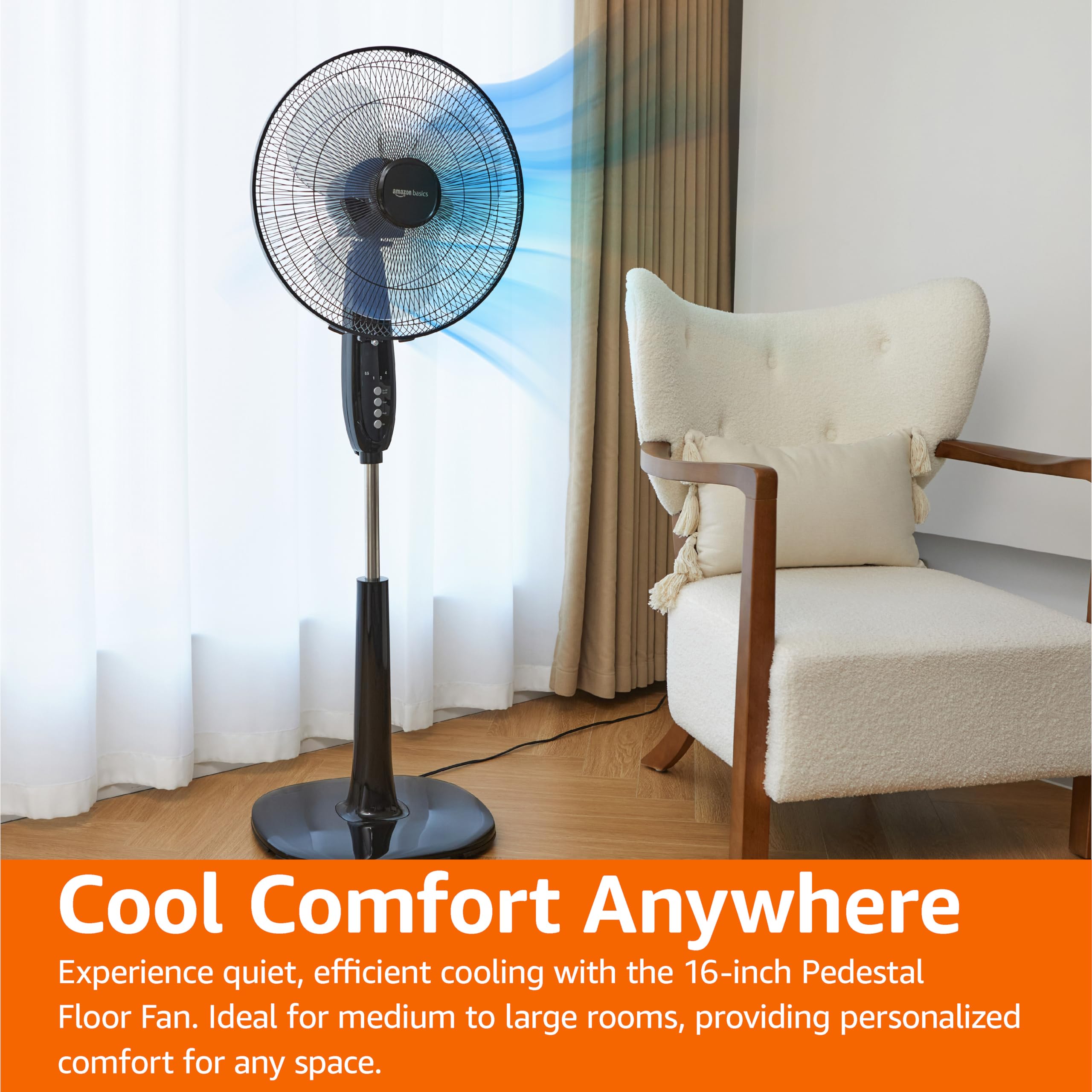 Amazon Basics 16" Pedestal Fan with Remote for Bedroom, Living Room, Office, Adjustable Height, Dual-Layered Blades, 3 Speeds, 3 Modes, Timer, Tilt He detail view 5