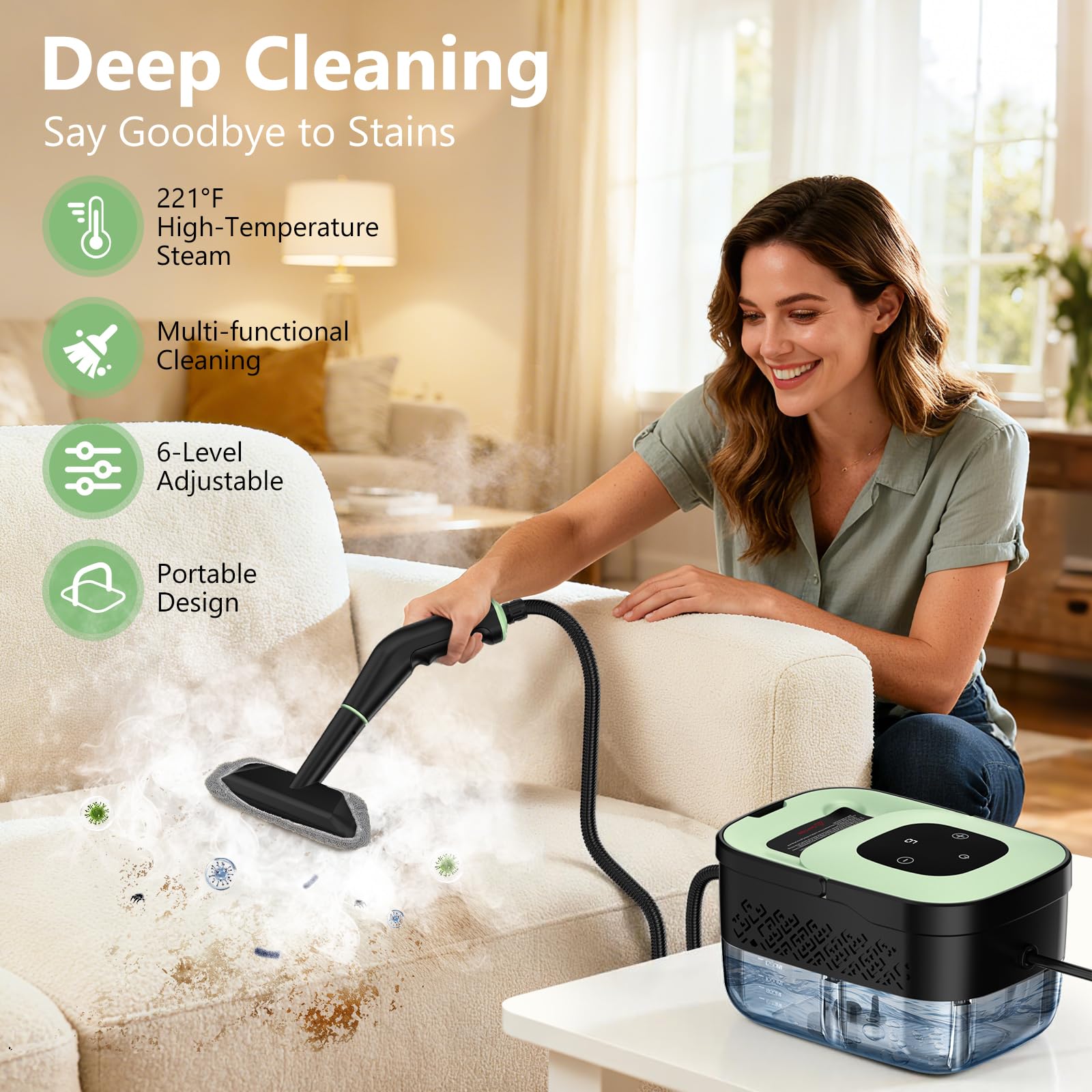 Steam Cleaner, Portable Steamer for Cleaning with 16pcs Accessories, 6-Level Adjustable and 15s Heat-Up, Handheld Steam Cleaner for Home, Tile, Dirt detail view 2