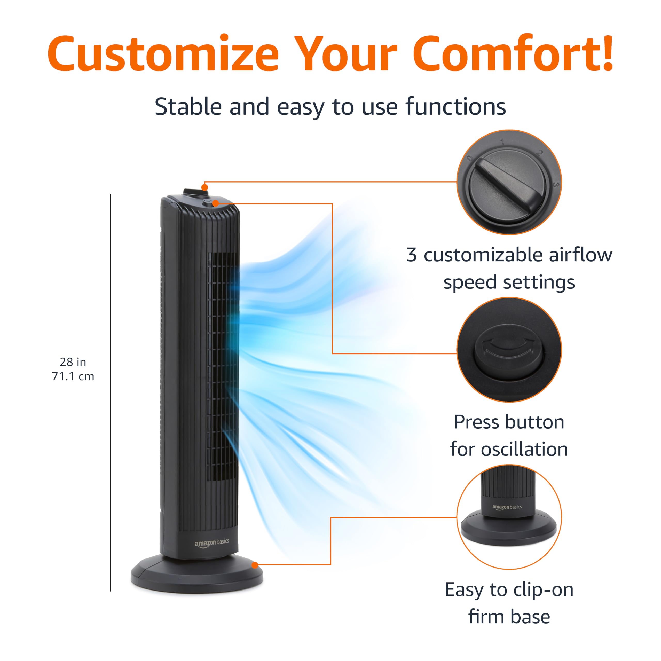 Amazon Basics 28" 60-Degree Oscillating Tower Fan with Powerful Airflow for Bedroom, Living Room, Office, 3 Speeds, Mechanical Control, Air Circulator detail view 2