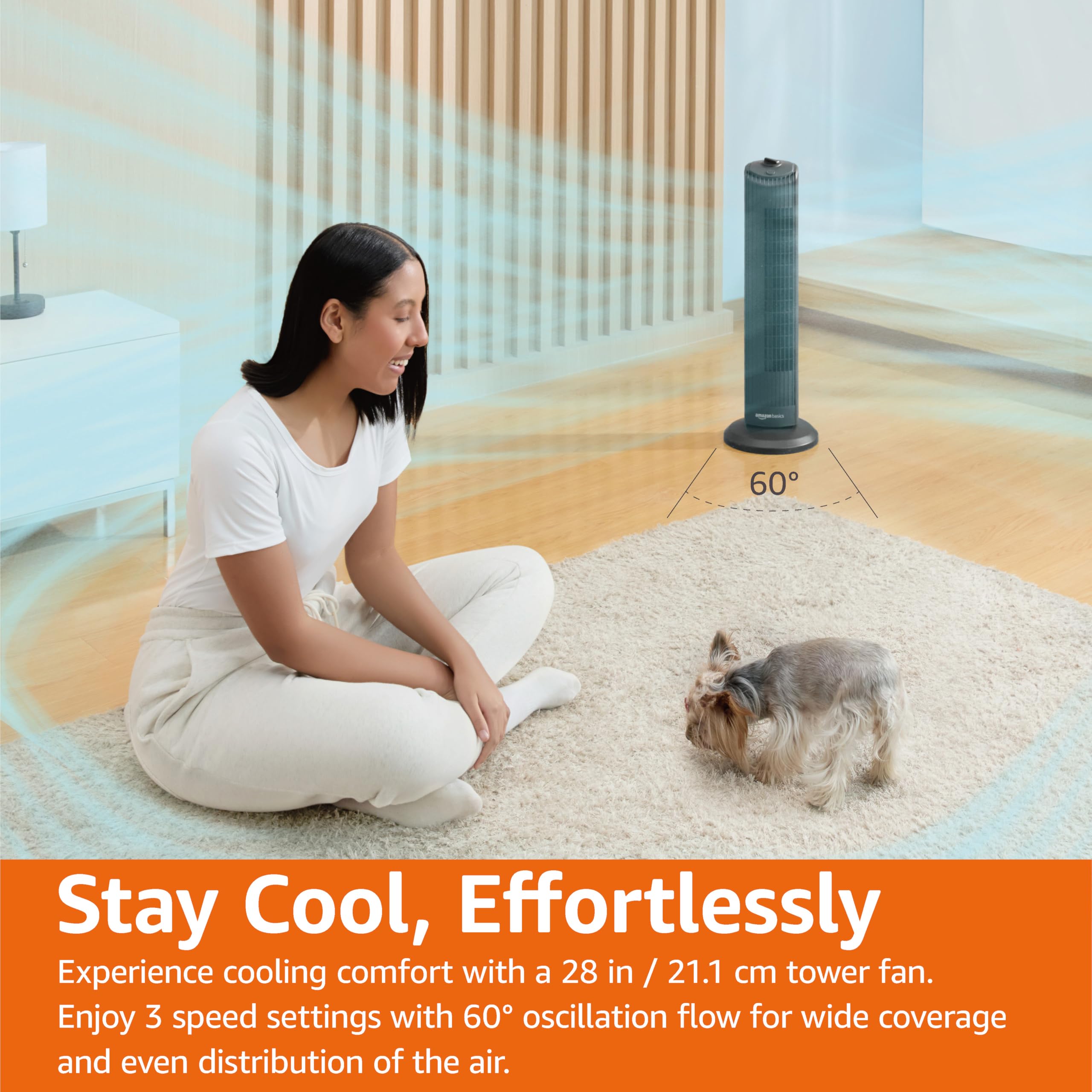Amazon Basics 28" 60-Degree Oscillating Tower Fan with Powerful Airflow for Bedroom, Living Room, Office, 3 Speeds, Mechanical Control, Air Circulator detail view 4