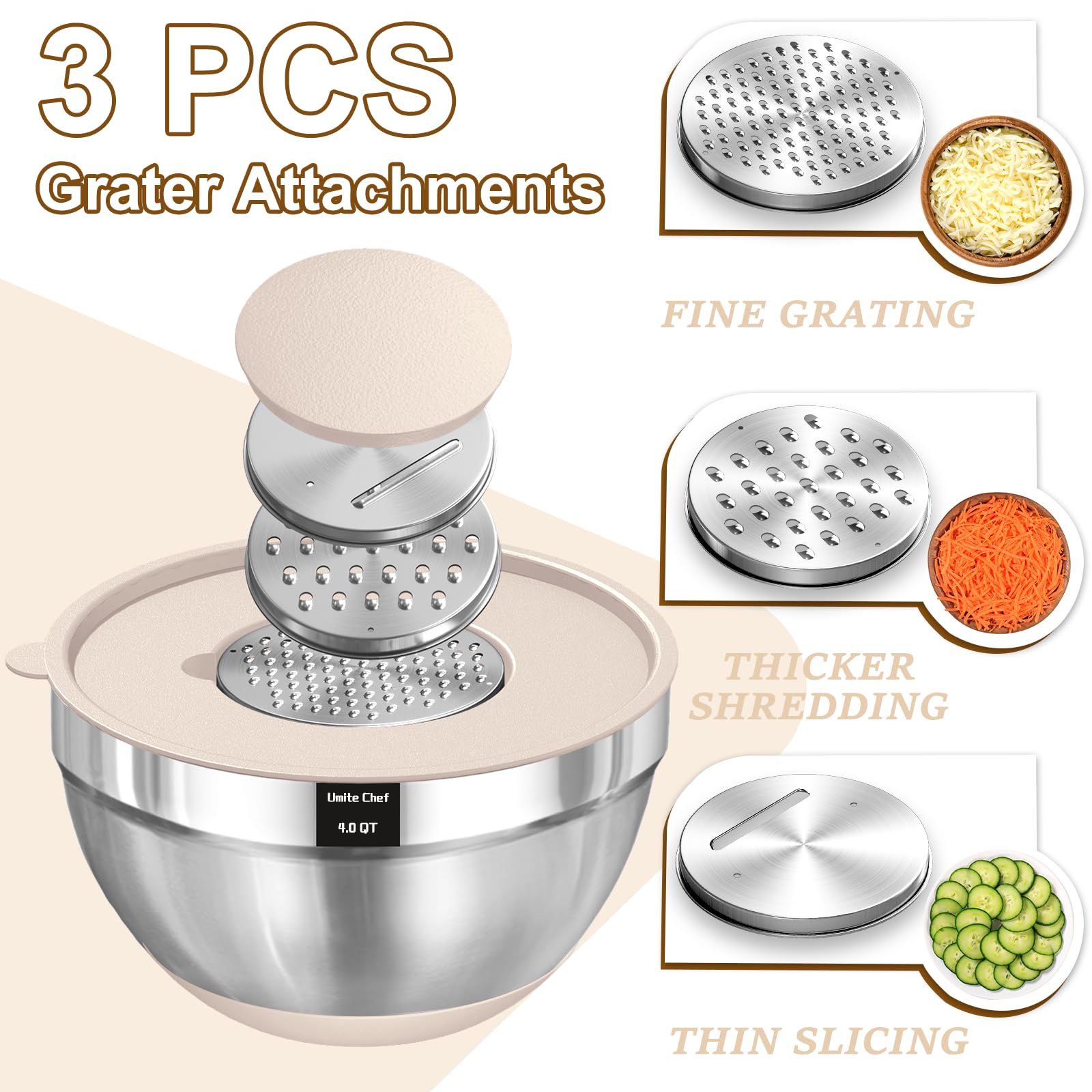 Umite Chef Mixing Bowls with Airtight Lids Set, 8PCS Stainless Steel Nesting Bowls with Grater Attachments, Non-Slip Bottoms, 5, 4, 3.5, 2, 1.5QT for detail view 3