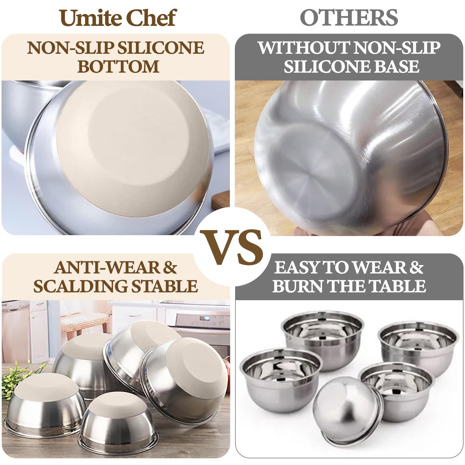 Umite Chef Mixing Bowls with Airtight Lids Set, 8PCS Stainless Steel Nesting Bowls with Grater Attachments, Non-Slip Bottoms, 5, 4, 3.5, 2, 1.5QT for detail view 4