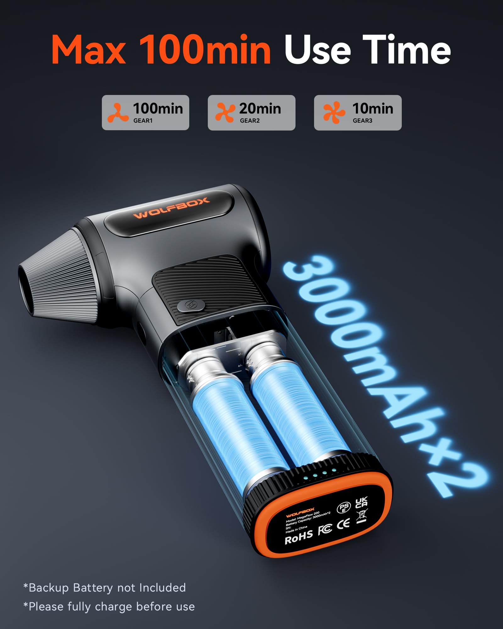 WOLFBOX MF200 Compressed Air Duster with Removable Battery & 4 Nozzles, - View 4