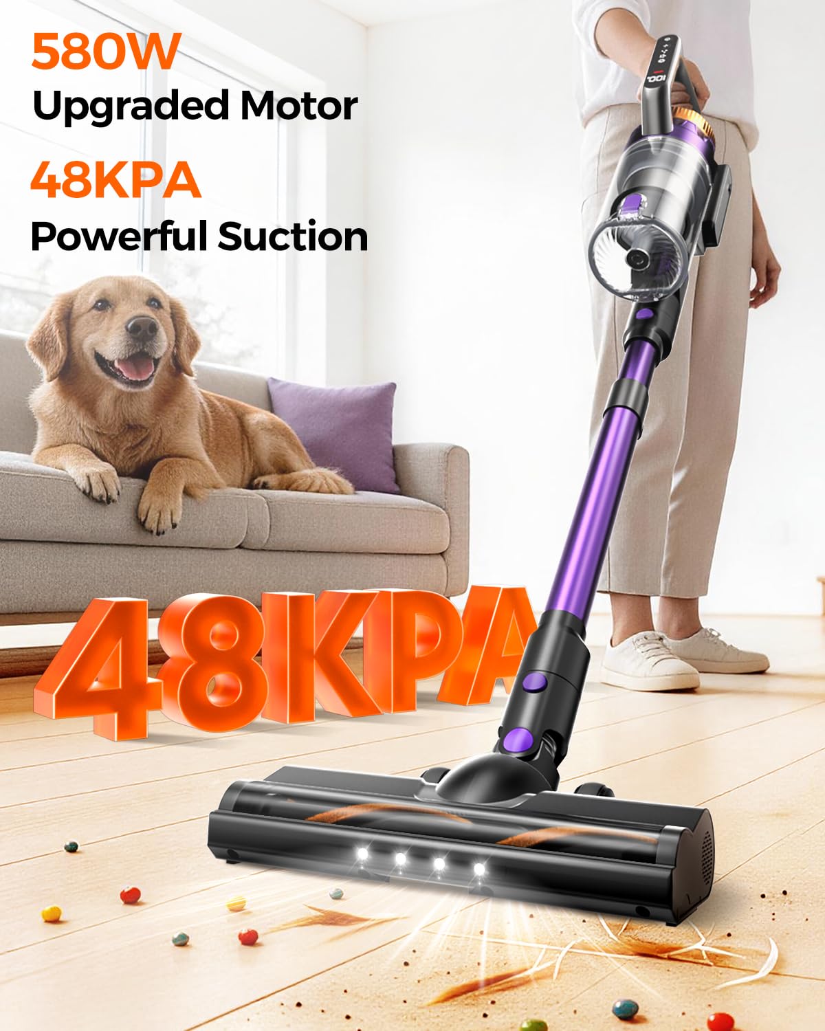 Cordless Vacuum Cleaner for Home, 580W/48KPa Powerful Suction, 65 Min Runtime, - View 2