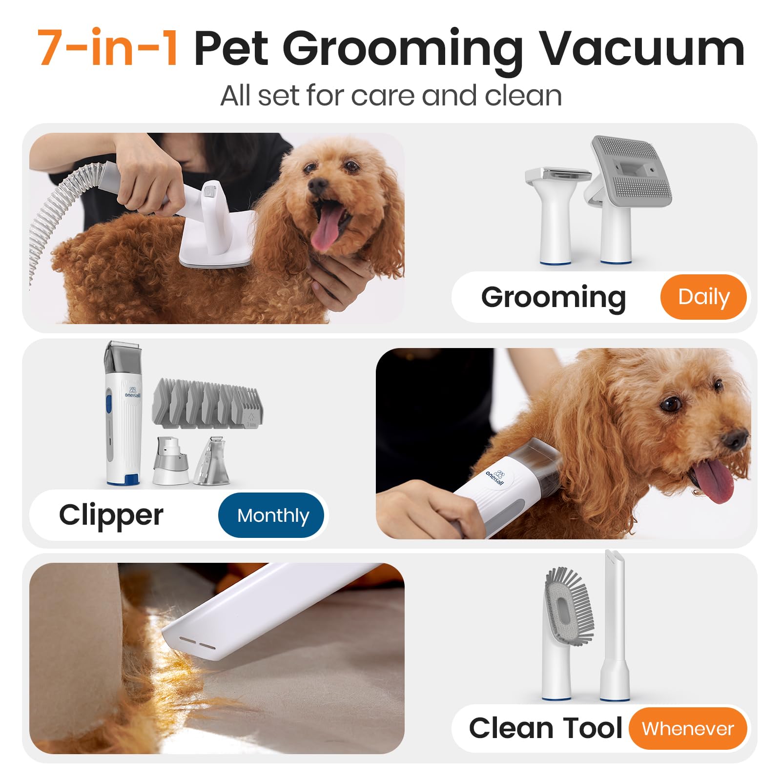 oneisall Dog Grooming Vacuum, Pet Grooming Vacuum with Clipper Nail Grinder, 1.5L Dust Cup Dog deshedding Brush with 7 Tools for Shedding Pet Hair, Home Cl detail image 2
