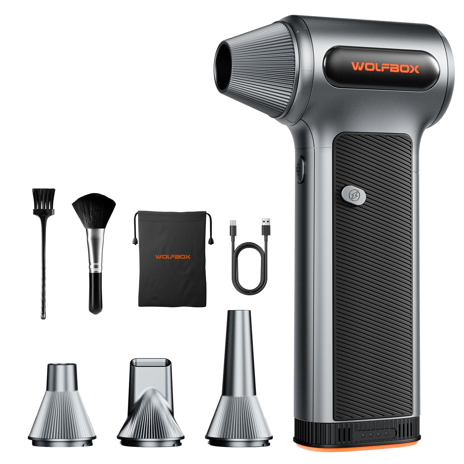 WOLFBOX MF200 Compressed Air Duster with Removable Battery & 4 Nozzles, Cordless 3-Speed Adjustable Mini Blower for Computer Keyboard, Car Cleaning, Home detail image 1