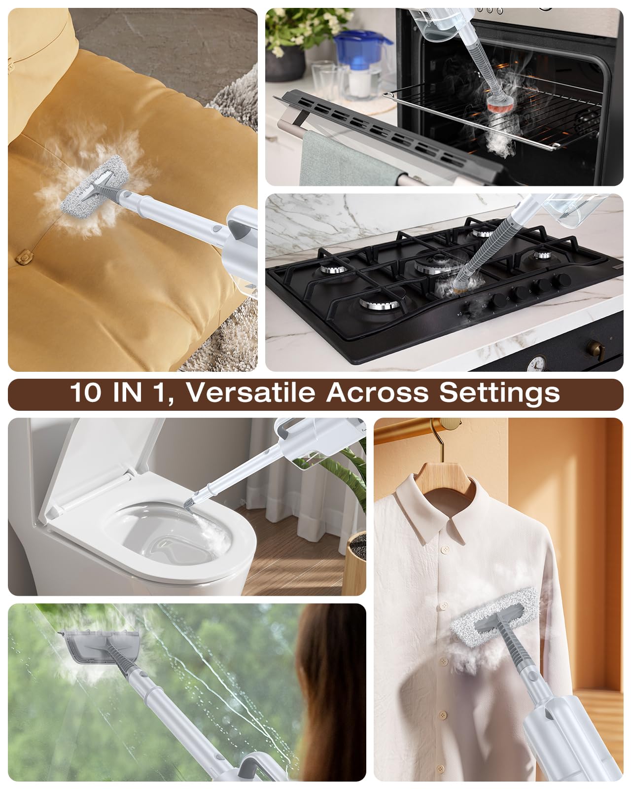 10-in-1 Steam Mop with Detachable Handheld Steamer, 350ml Tank, 10s Heat-Up, 248°F Steam Cleaner, 3-Level Control and Swivel Head for Floors, Carpets, Tile detail image 3