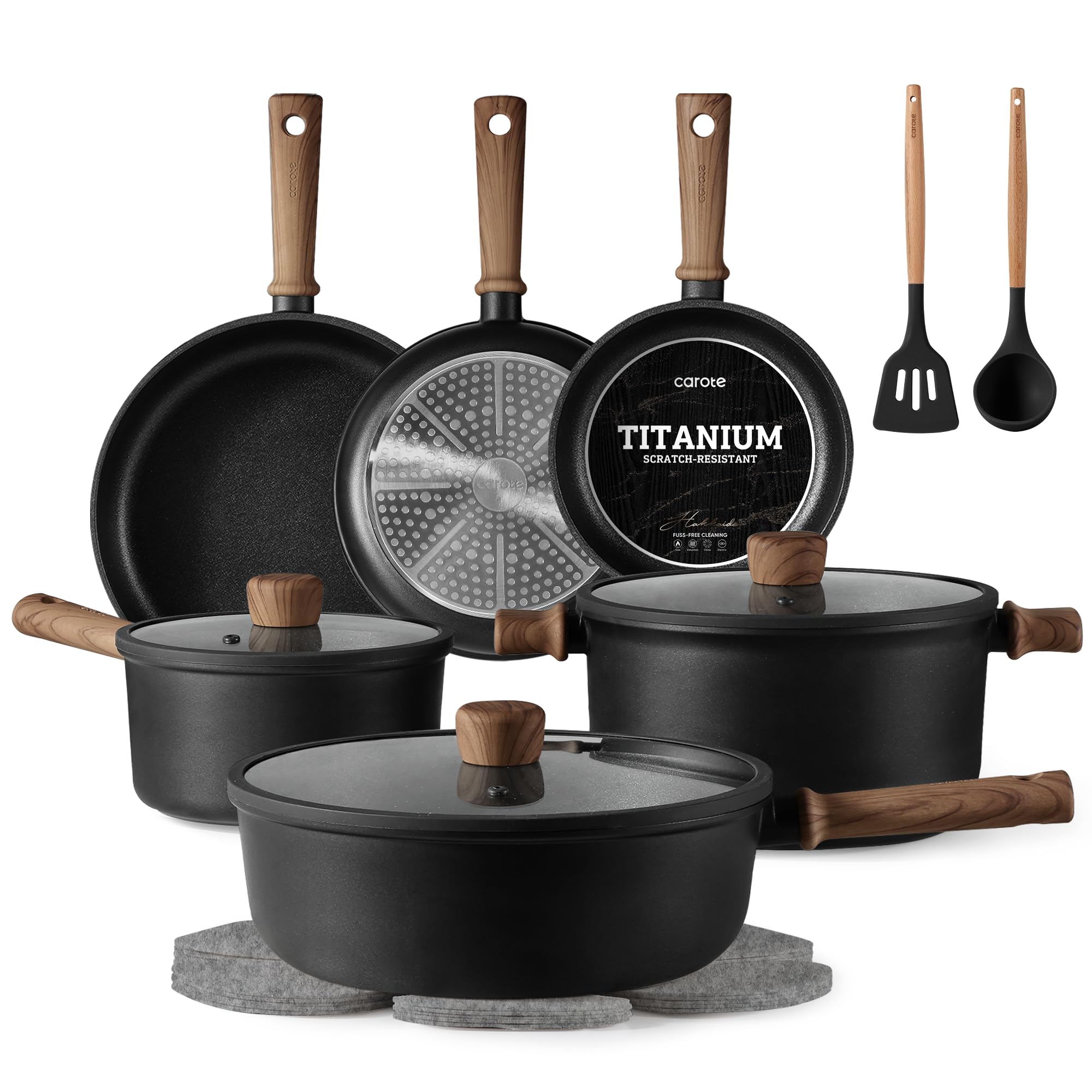 CAROTE Nonstick Pots and Pans, Induction Titanium Cookware Set 16pcs Kitchen