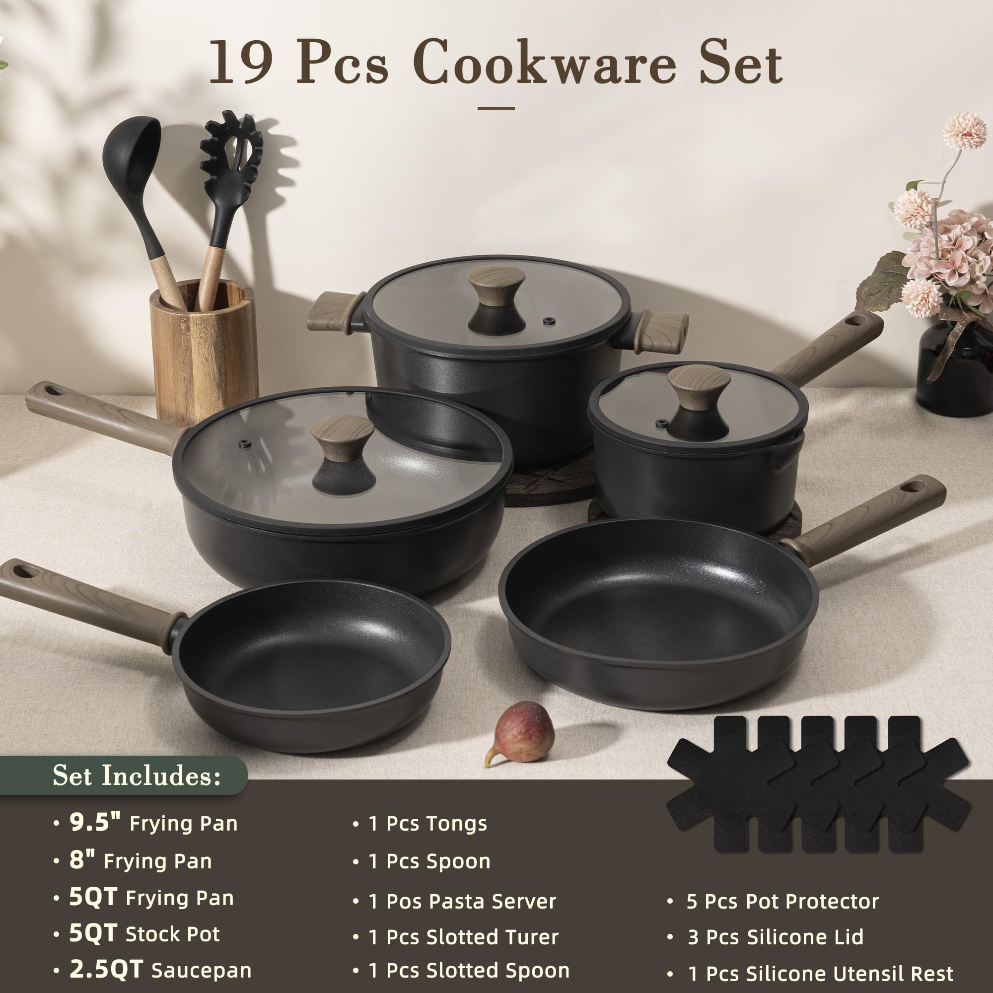 Astercook 19 Pcs Pots and Pans Set Non Stick, Black Titanium Induction Kitchen - View 2