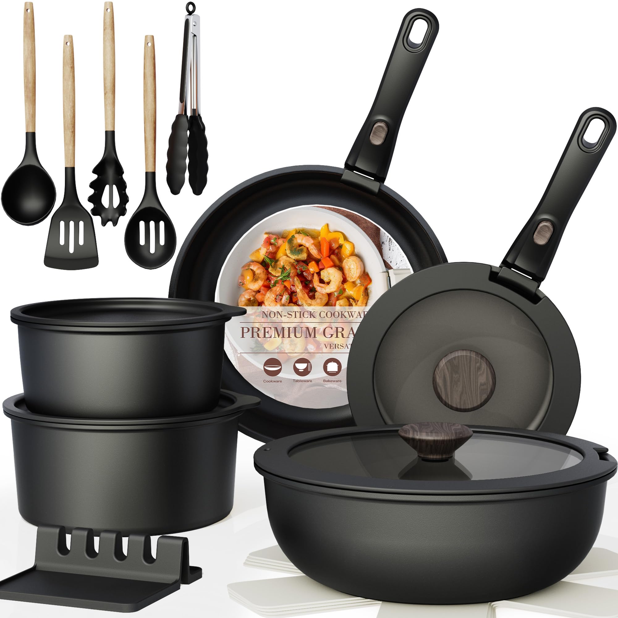 Astercook 21 Pcs Pots and Pans Set Non Stick, Ceramic Cookware Set Detachable Handle, RV Kitchen Cooking Set Removable Handles, Oven Safe, Induction Ready detail image 1