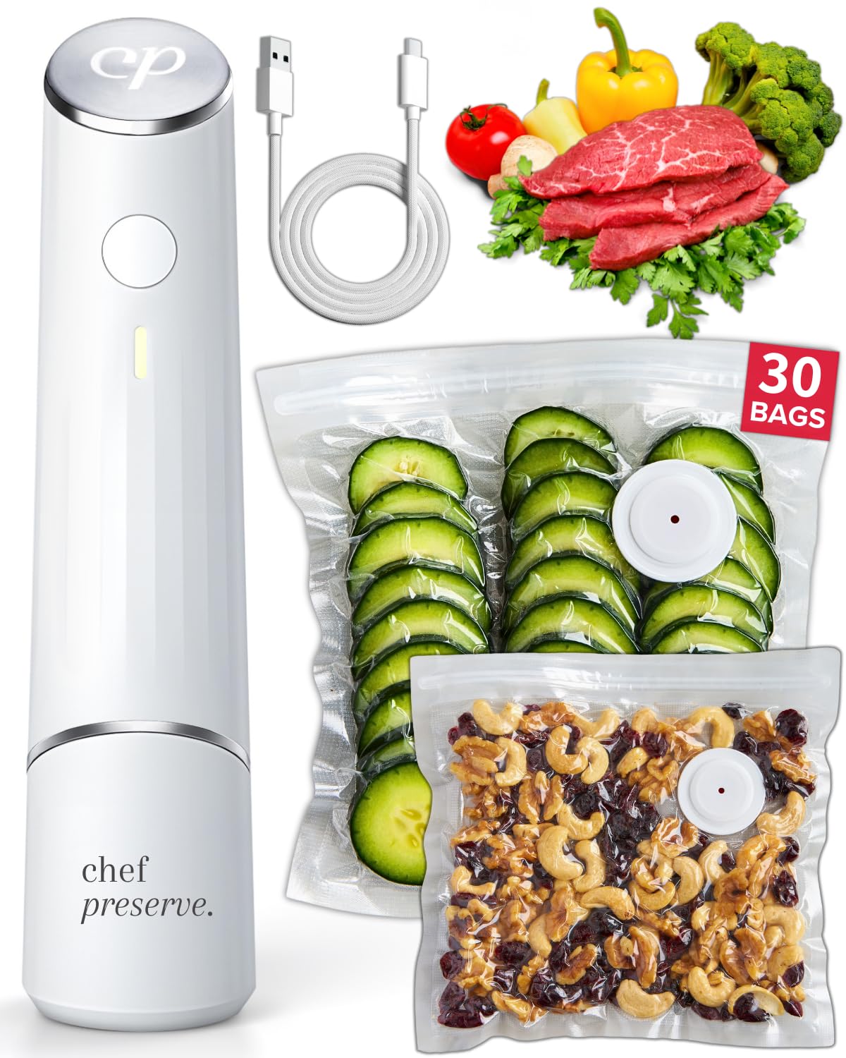 Chef Preserve Compact Vacuum Sealer for Food (Vacuum Sealer Machine + 30 Reusable Vacuum Bags) Powerful Handheld Vacuum Sealer Machine, Seal Meal Saver, Po detail image 1