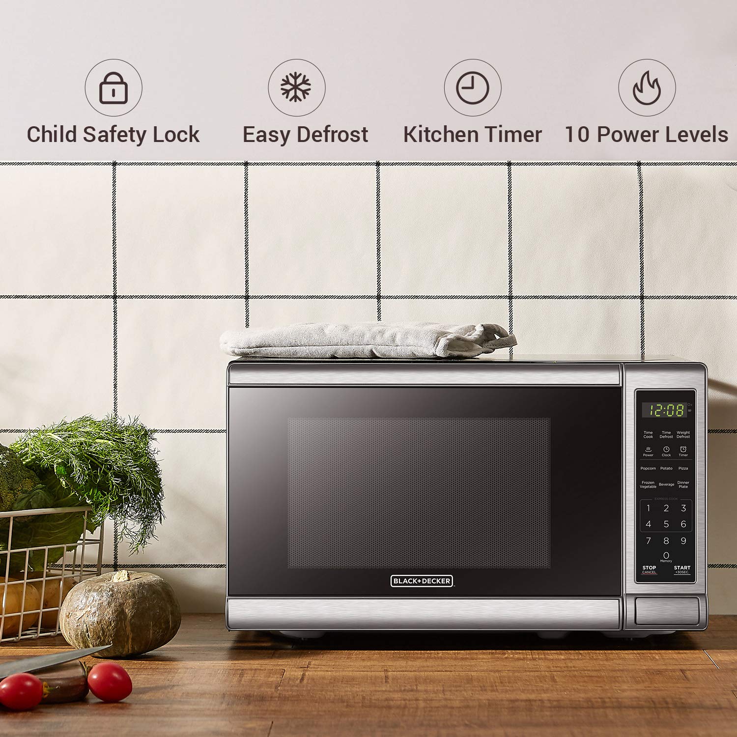 BLACK+DECKER EM720CB7 Digital Microwave Oven with Turntable Push-Button Door, Child Safety Lock, 700W, Stainless Steel, 0.7 Cu.ft detail image 3