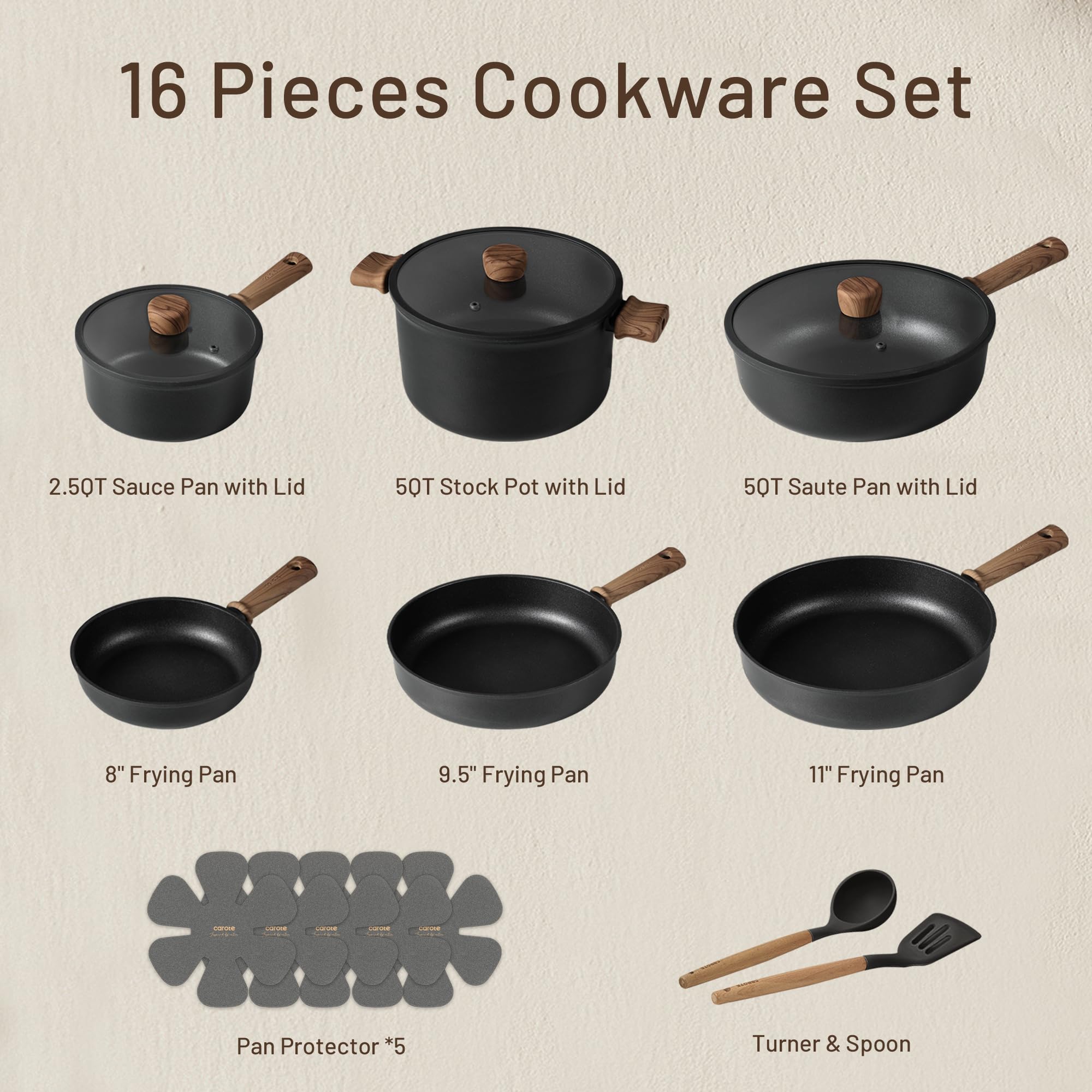 CAROTE Nonstick Pots and Pans, Induction Titanium Cookware Set 16pcs Kitchen Cooking Sets, Pot and Pan Non Stick w/Frying pan detail image 2