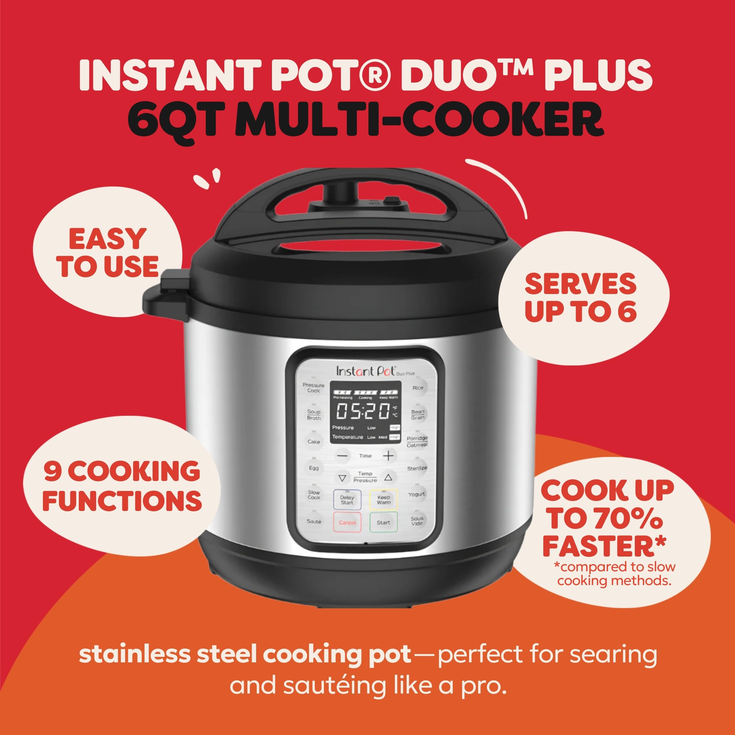 Instant Pot Duo Plus 9-in-1 Multicooker, Pressure Cooker, Slow Cook, Rice Maker, Steamer, Sauté, Yogurt, Warmer & Sterilizer, Includes App with Over 800 Re detail image 3