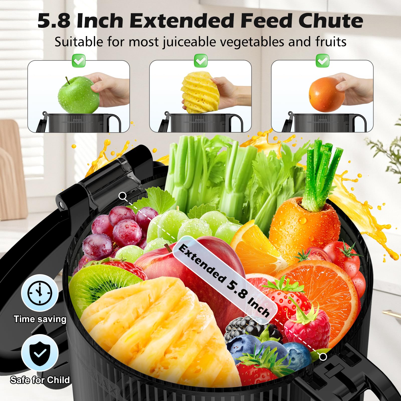 Juicer Machines with 5.8" Large Chute, 2-in-1 Cold Press Juicer for Whole Vegetables Fruits 400W, Masticating juicer Easy to Clean Juice Extractor Machine detail image 5
