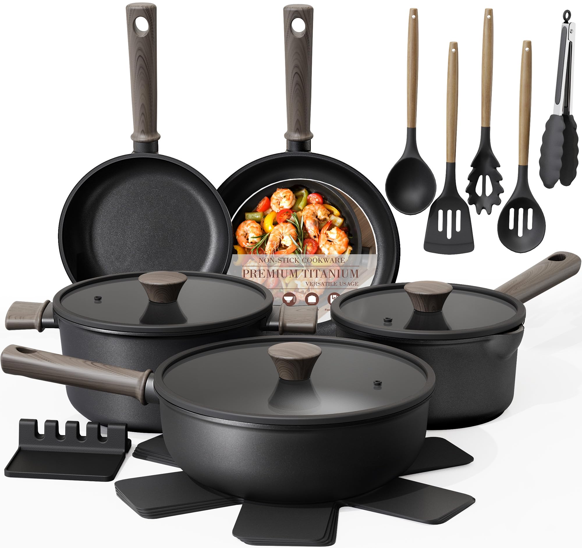 Astercook 19 Pcs Pots and Pans Set Non Stick, Black Titanium Induction Kitchen Cookware Sets, Non toxic Healthy Kitchen Cooking Set with Frying Pans Set, P detail image 1