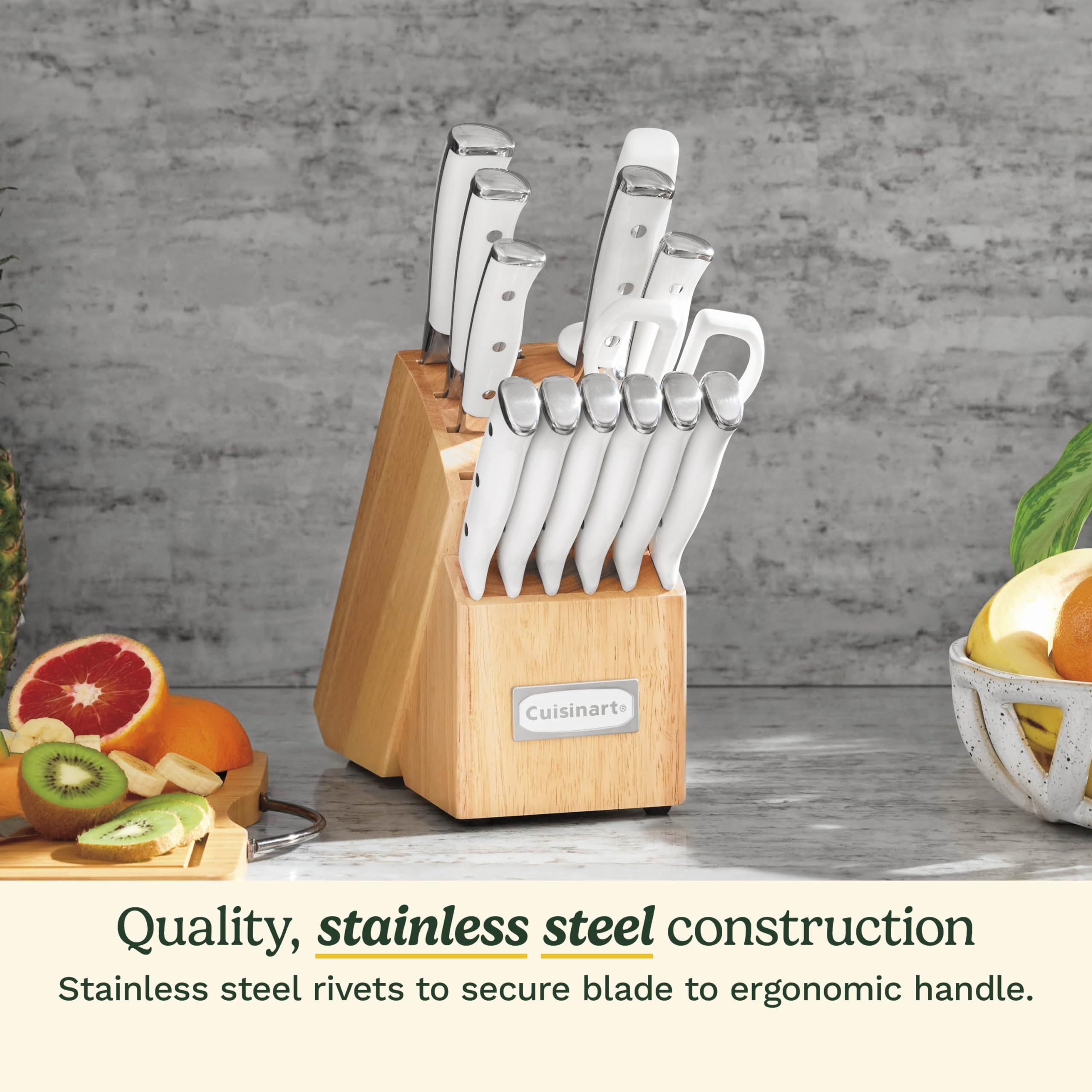 Cuisinart 15-Piece Knife Set with Block, High Carbon Stainless Steel, Forged Triple Rivet, White, C77WTR-15P detail image 2