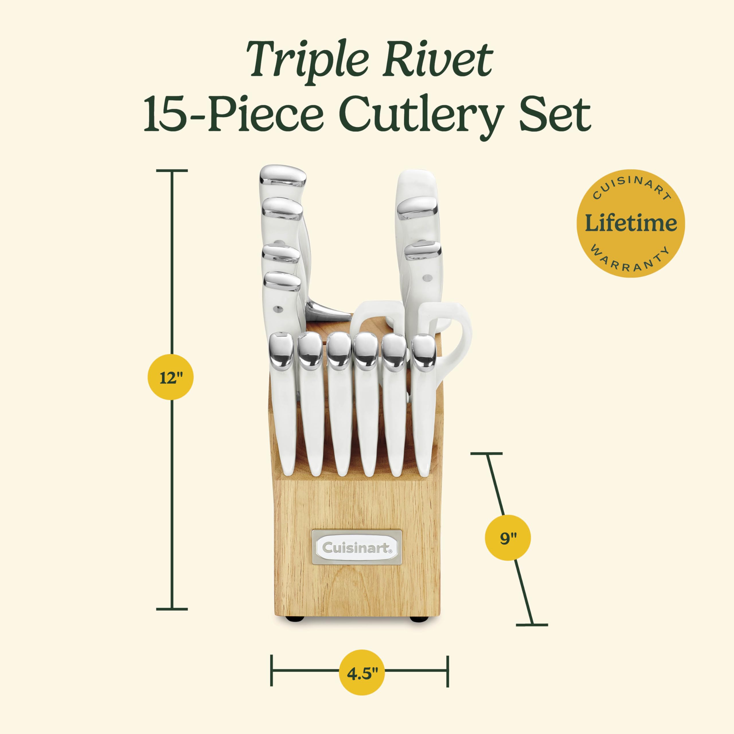 Cuisinart 15-Piece Knife Set with Block, High Carbon Stainless Steel, Forged Triple Rivet, White, C77WTR-15P detail image 6
