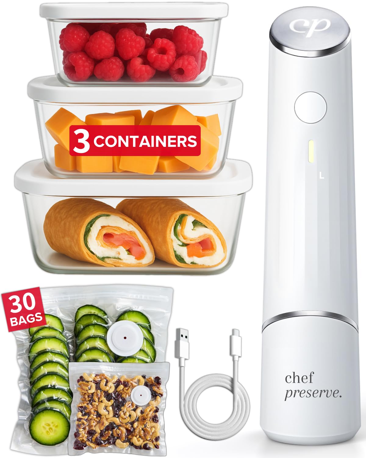 Chef Preserve Compact Vacuum Sealer for Food (Vacuum Sealer Machine + 3 Glass Vacuum Containers + 30 Reusable Vacuum Bags) Powerful Handheld Vacuum Seal Ma detail image 1