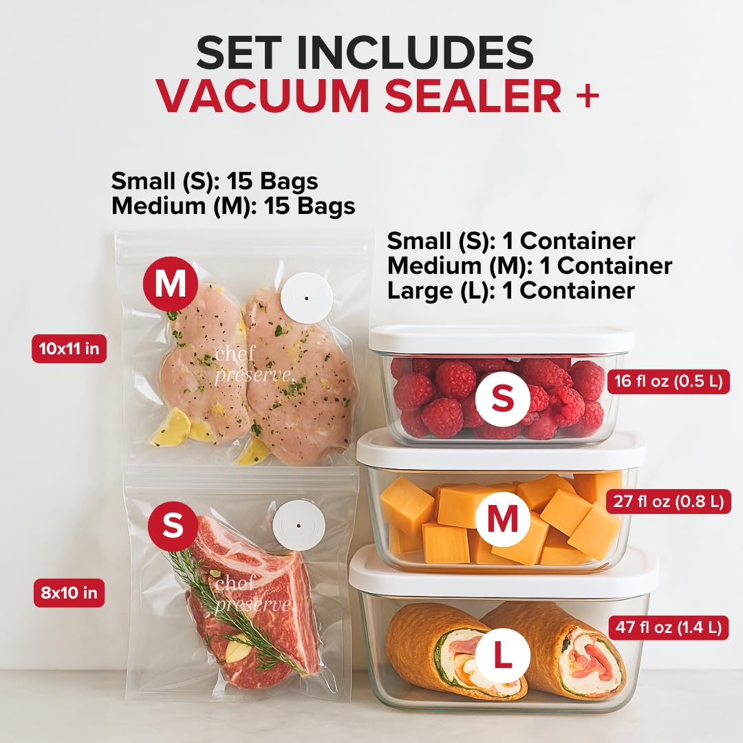 Chef Preserve Compact Vacuum Sealer for Food (Vacuum Sealer Machine + 3 Glass Vacuum Containers + 30 Reusable Vacuum Bags) Powerful Handheld Vacuum Seal Ma detail image 2