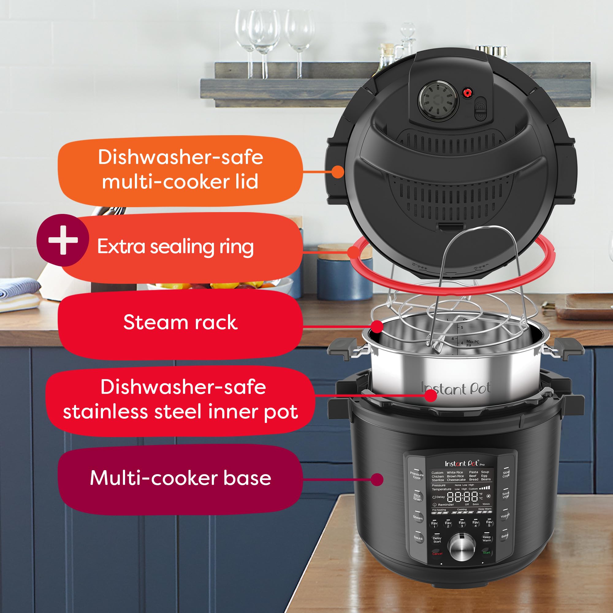 Instant Pot Pro (8 QT) 10-in-1 Pressure Cooker, Slow Cooker, Rice/Grain Cooker, Steamer, Sauté, Sous Vide, Yogurt Maker, Sterilizer, and Warmer, Includes A detail image 6