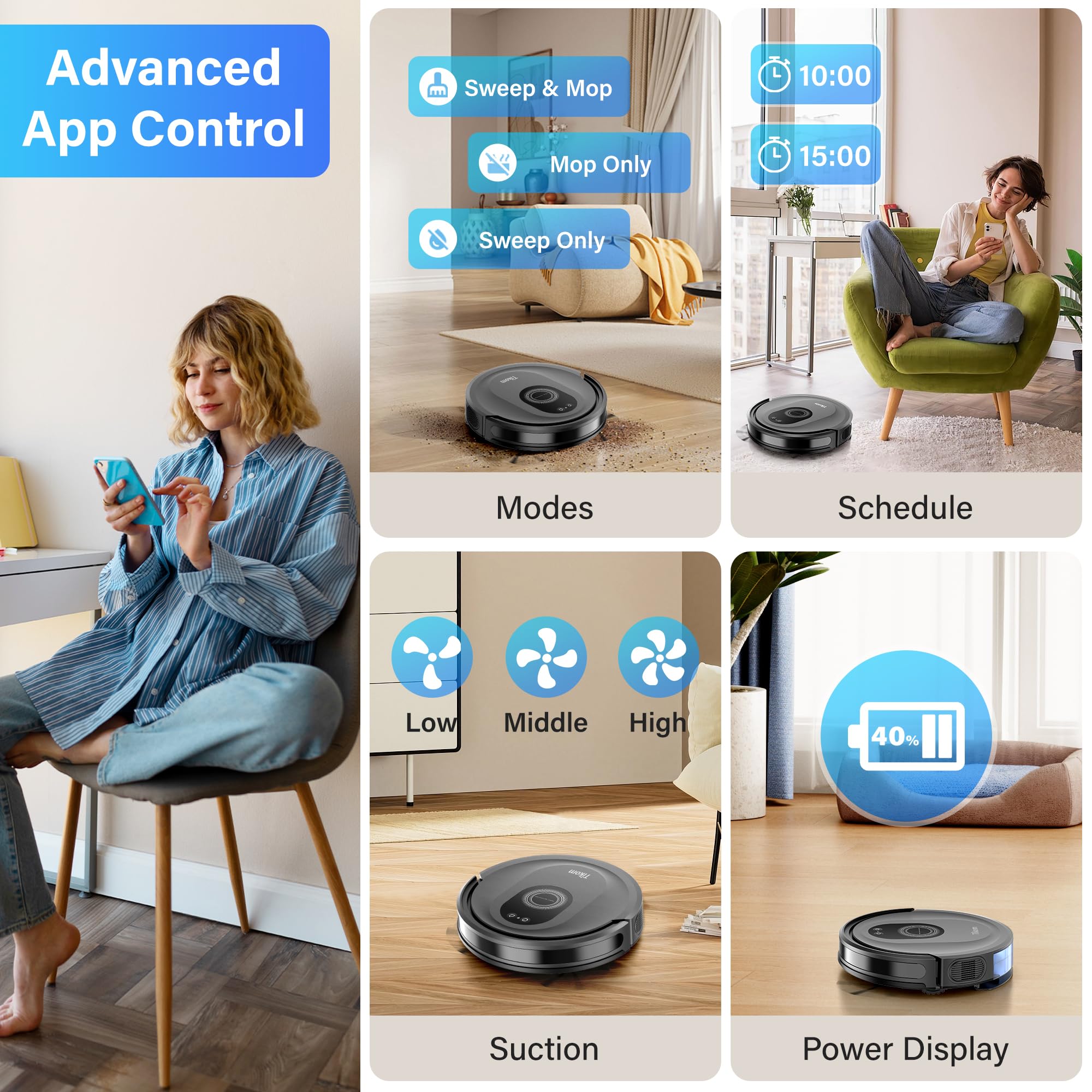 Tikom Robot Vacuum and Mop Combo, 5000Pa Robotic Vacuum Cleaner, 150 Min Max, - View 4