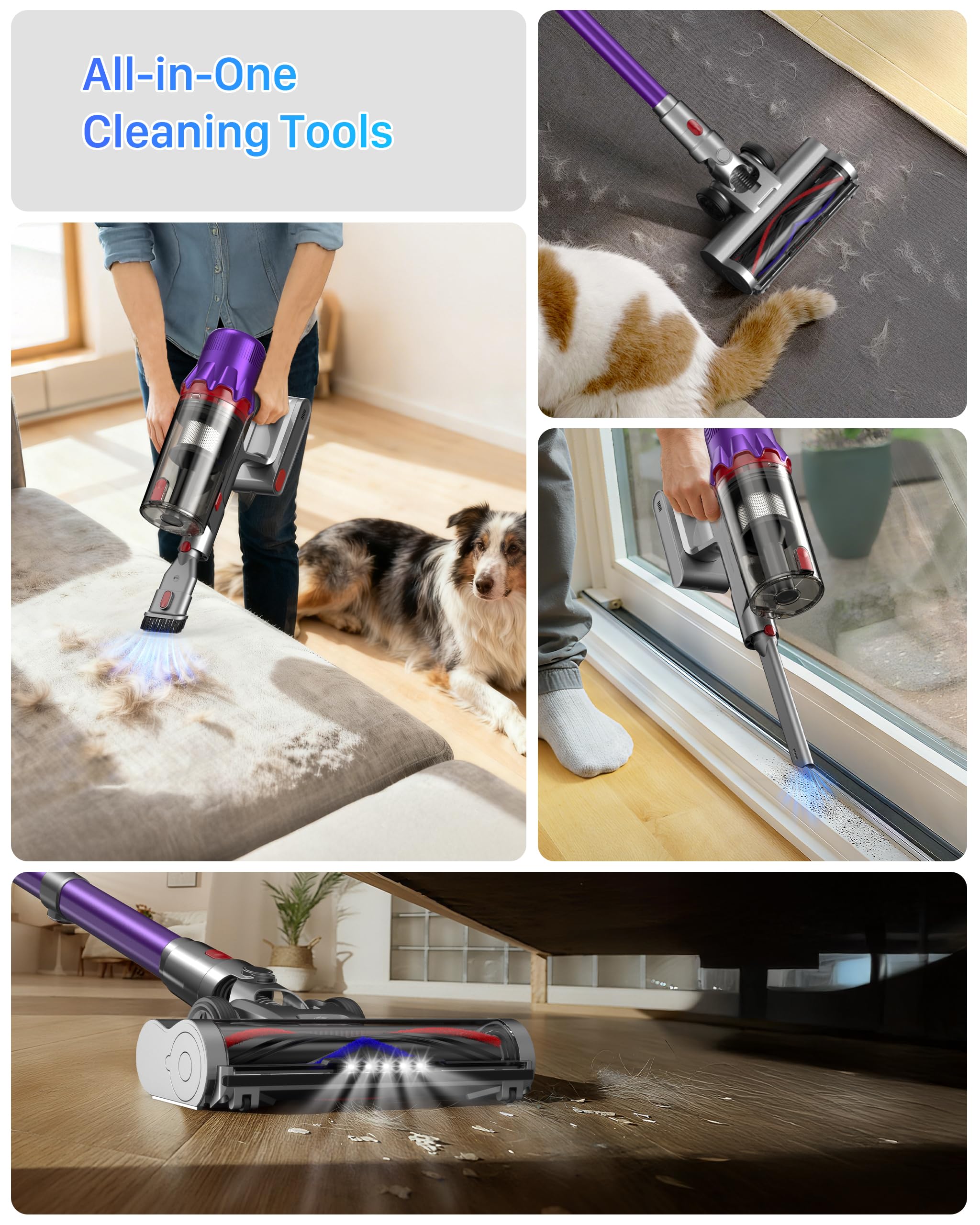 Cordless Vacuum Cleaner for Home - Powerful Stick Vacuum with HEPA Filter, 55-Min Runtime, LED Light, Anti-Tangle Brush, Detachable Battery,Lightweight Vac detail image 3