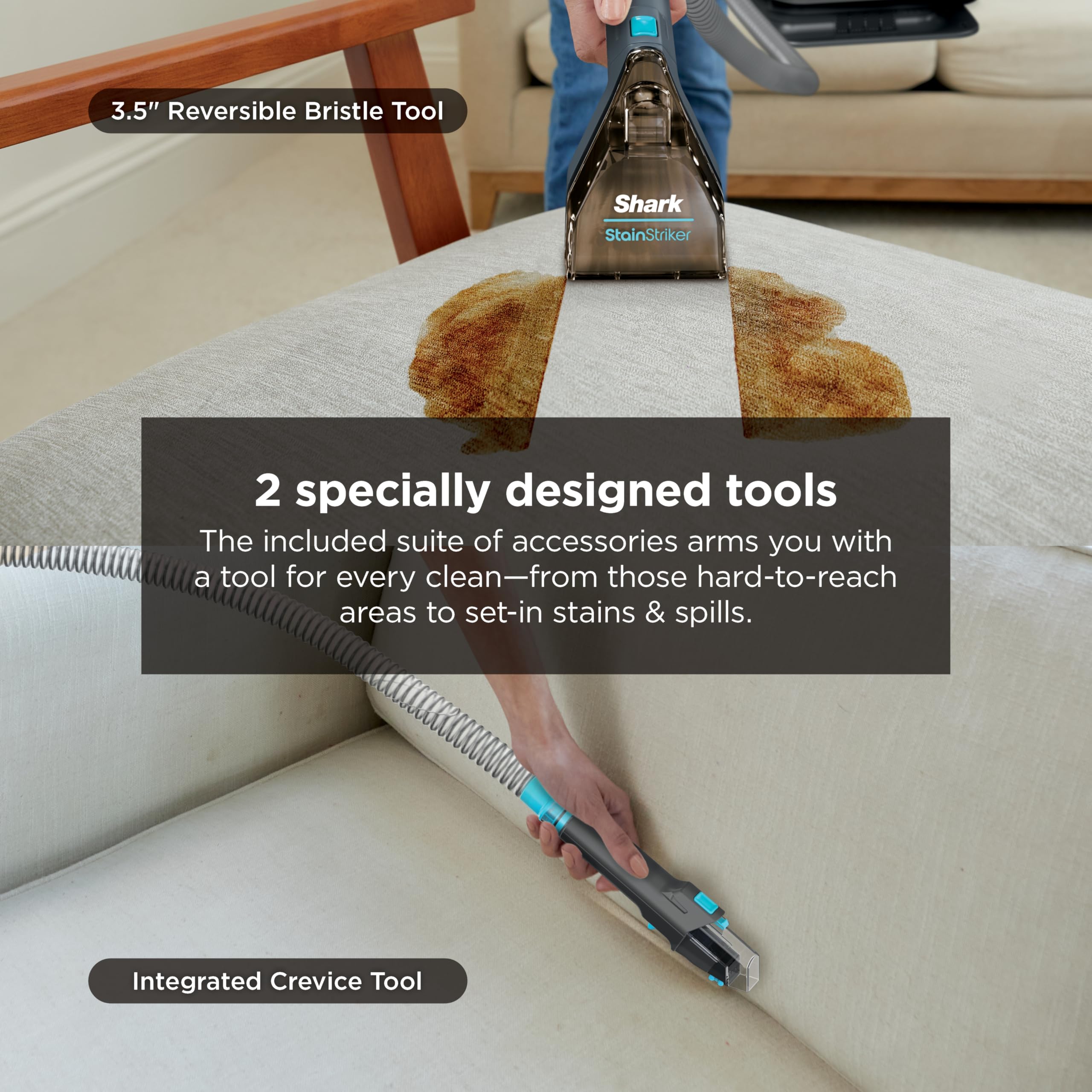 Shark StainStriker Portable Carpet & Upholstery Cleaner with On-Board Self-Cleaning, Spot, Stain, & Odor Eliminator, Includes 2 Cleaning Tools, 2 Cleaning detail image 5