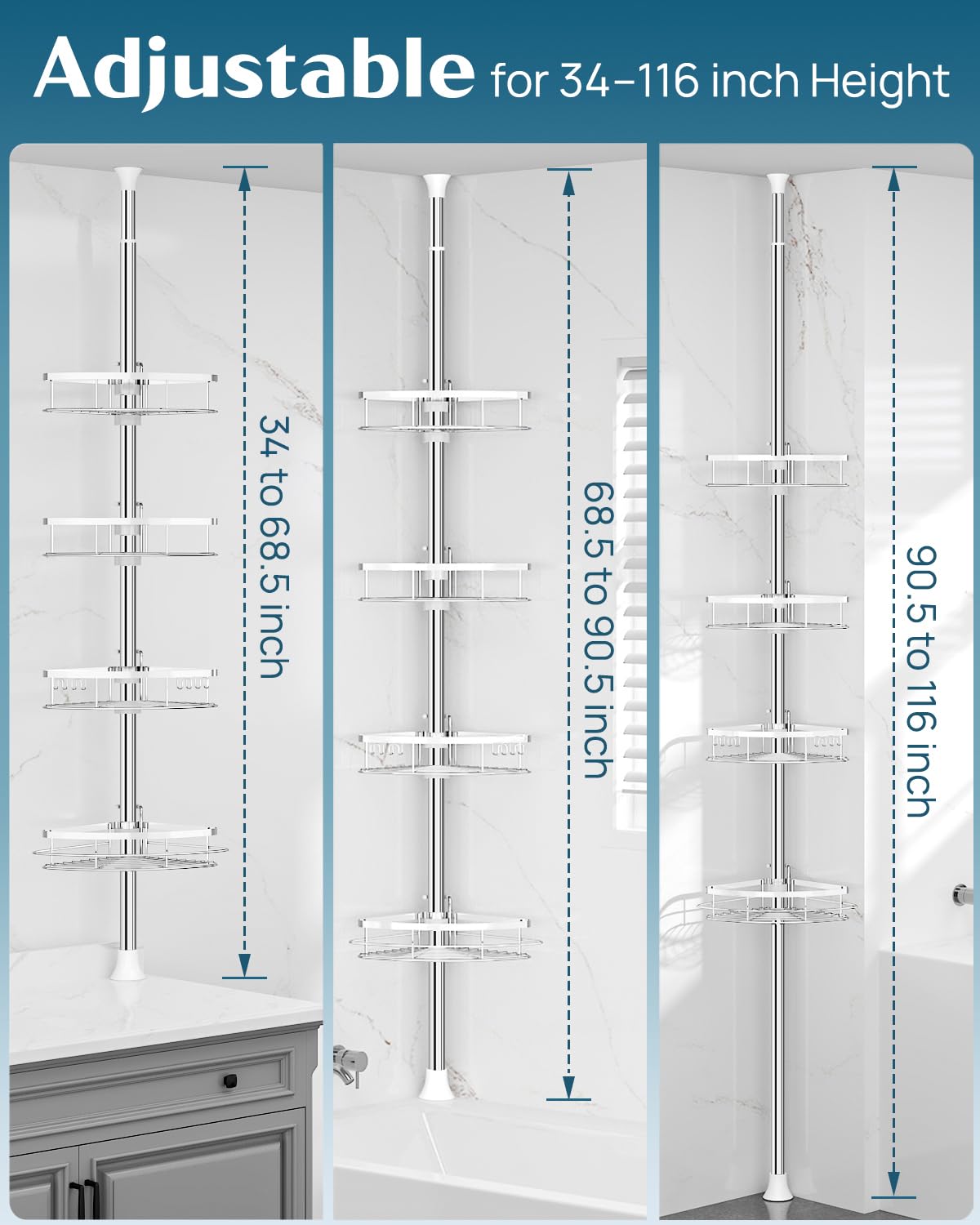 SEIRIONE Rustproof Shower Corner Caddy Organizer for Bathroom, 4 Adjustable - View 2