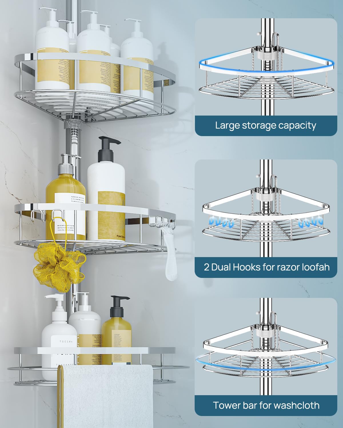SEIRIONE Rustproof Shower Corner Caddy Organizer for Bathroom, 4 Adjustable - View 6