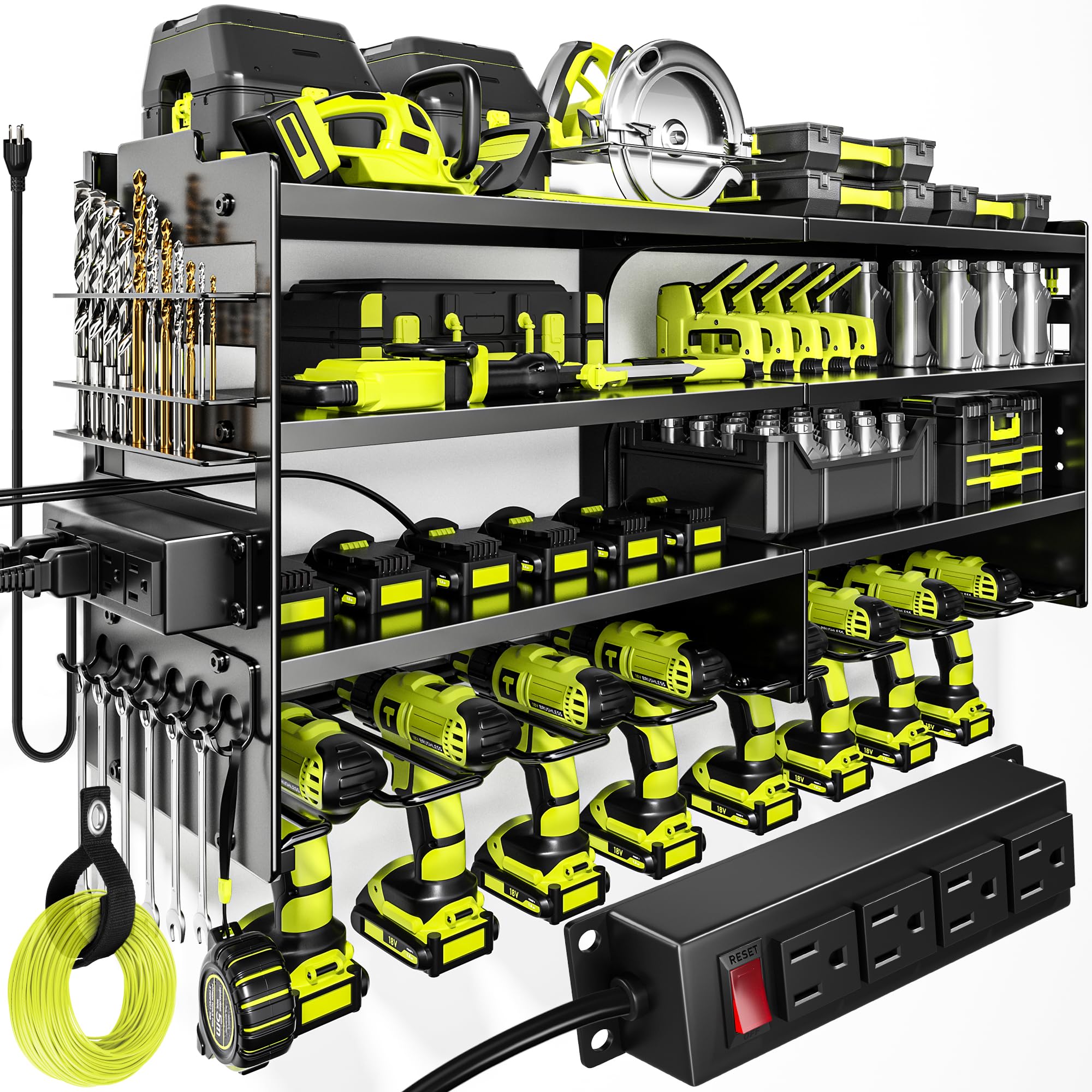 POKIPO Large Power Tool Organizer Wall Mount with Charging Station,4 Layer