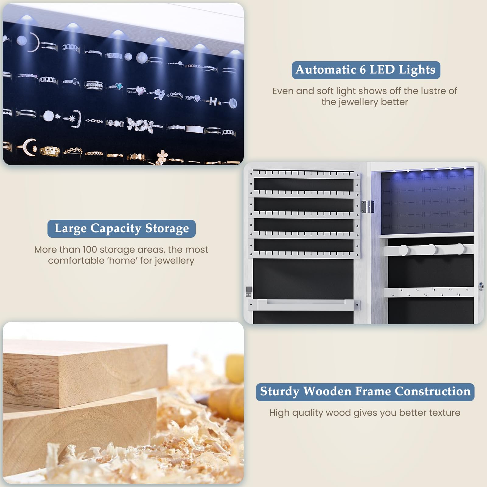 DUMOS 6 LEDs Mirror Jewelry Cabinet, Wall or Door Mounted Jewelry Organizer, - View 4