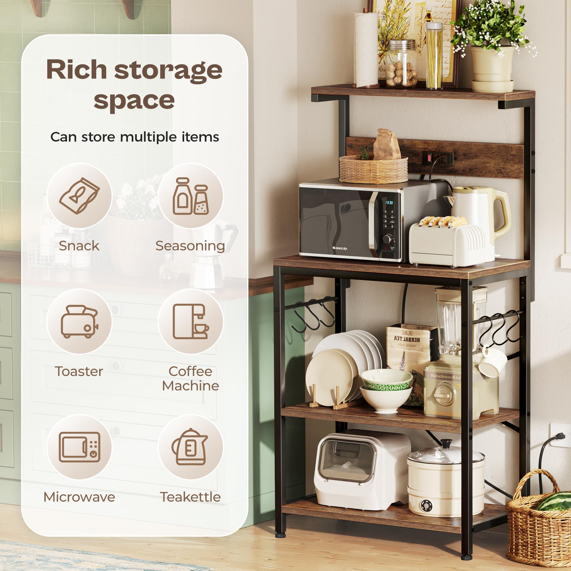 SUPERJARE Kitchen Bakers Rack with Power Outlet, Coffee Bar Table 4 Tiers, - View 6