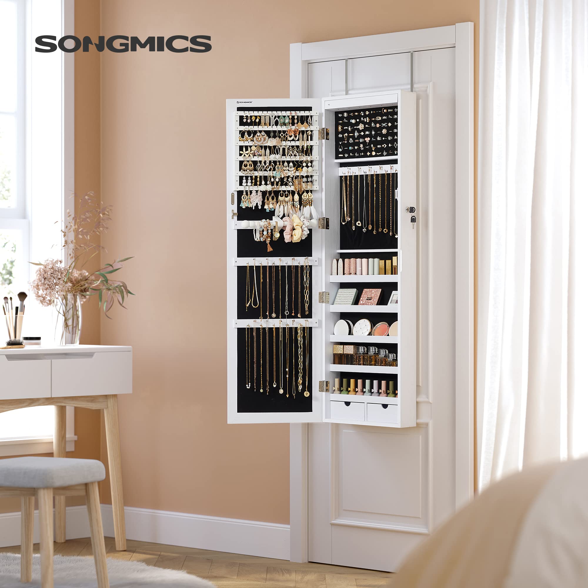 SONGMICS 6 LEDs Mirror Jewelry Cabinet, 47.2-Inch Tall Lockable Wall or Door - View 2