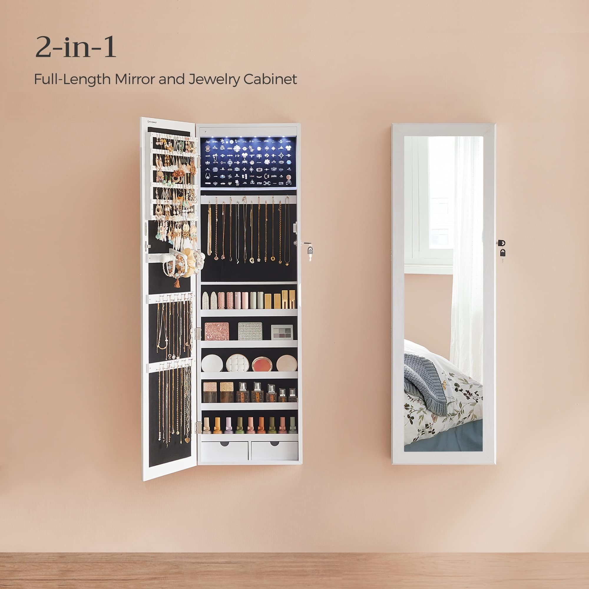 SONGMICS 6 LEDs Mirror Jewelry Cabinet, 47.2-Inch Tall Lockable Wall or Door - View 3