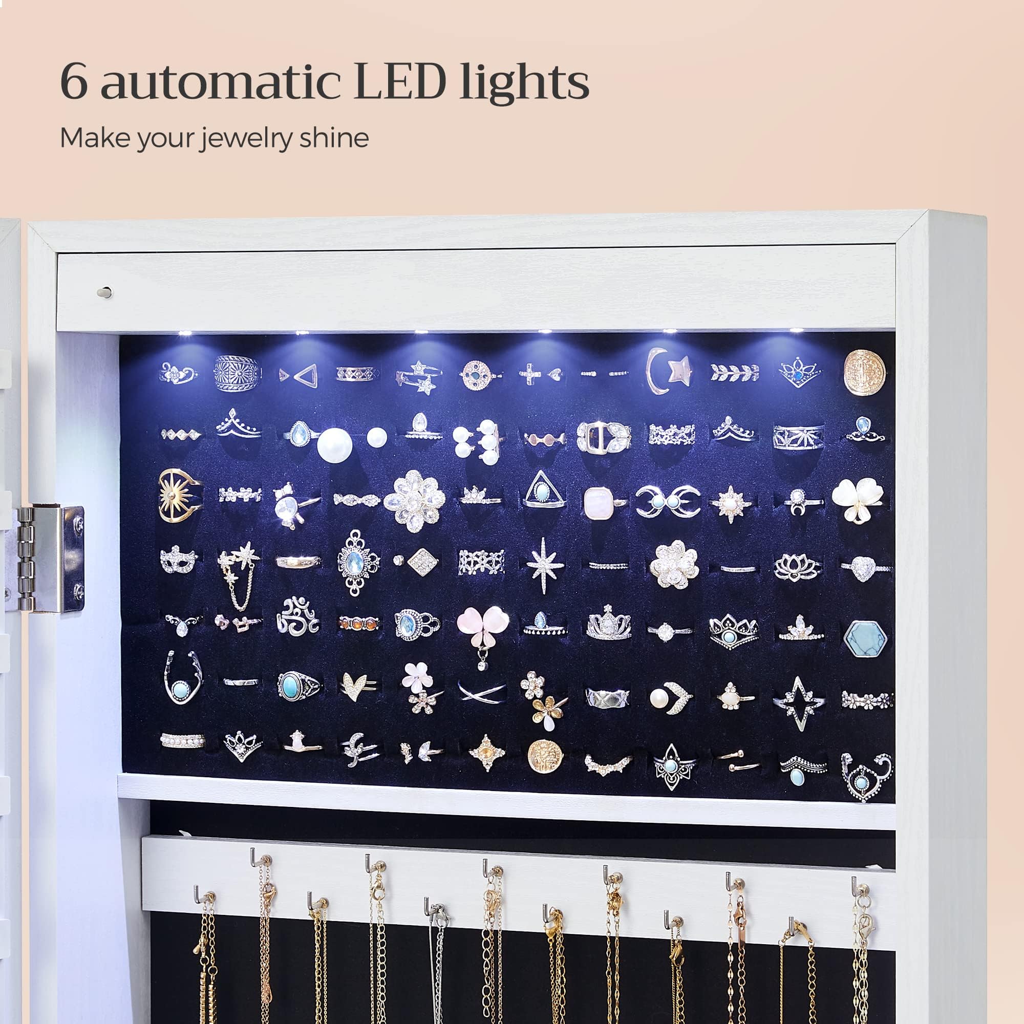 SONGMICS 6 LEDs Mirror Jewelry Cabinet, 47.2-Inch Tall Lockable Wall or Door - View 4