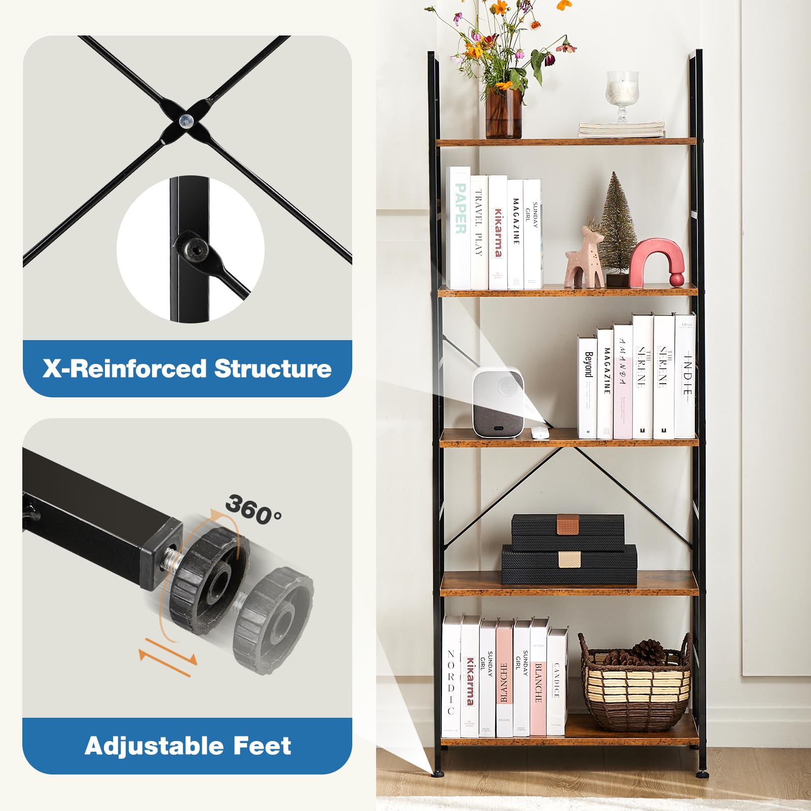 DUMOS 5 Tiers Bookshelf, Classical Modern Book Shelf, Tall Display Shelves in - View 5