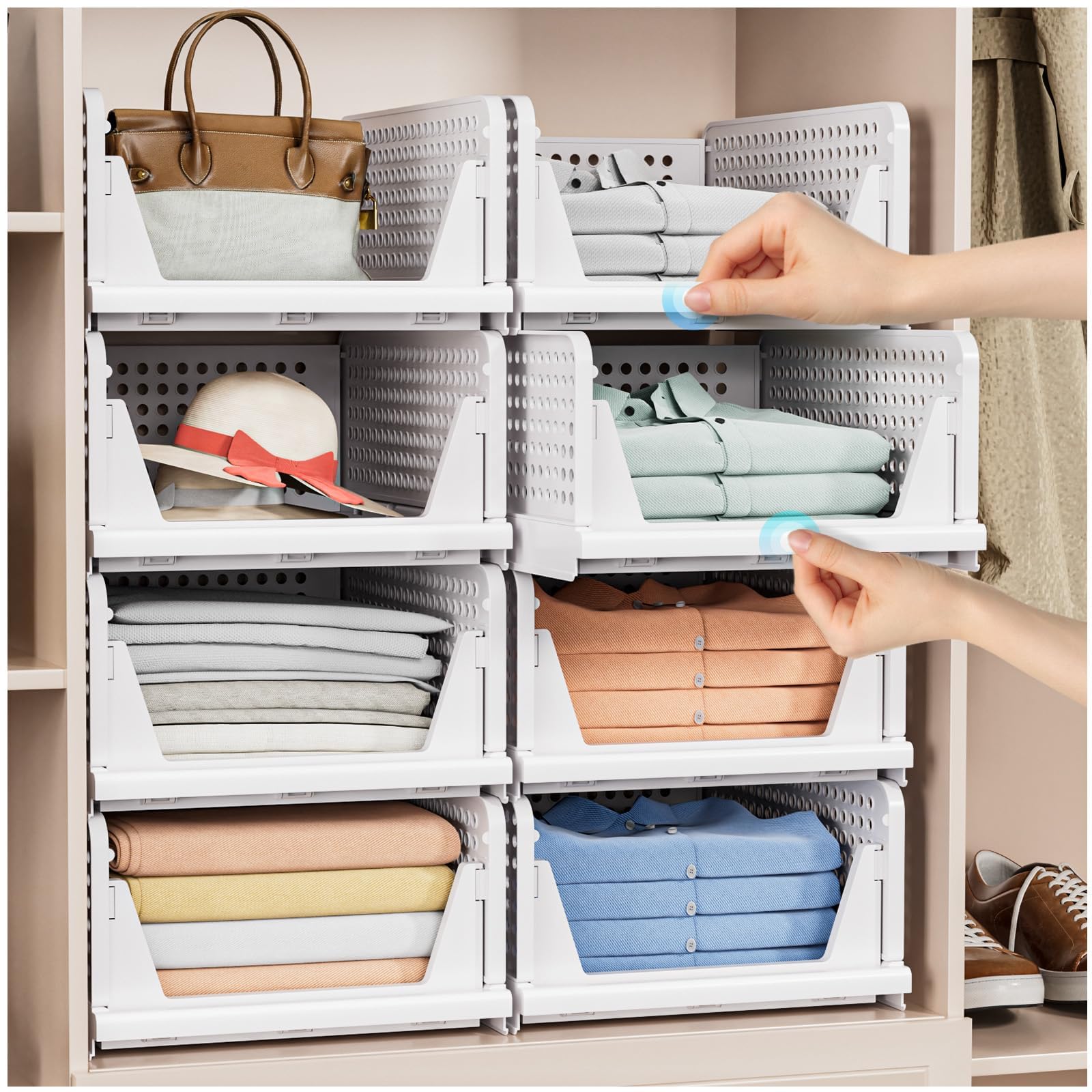 5 Pack Stackable Closet Storage Basket - Stackable Storage Bins, Multifunctional & Foldable Closet Organizer Waterproof, Wardrobe Cupboard Space-Saving Hat detail image 2