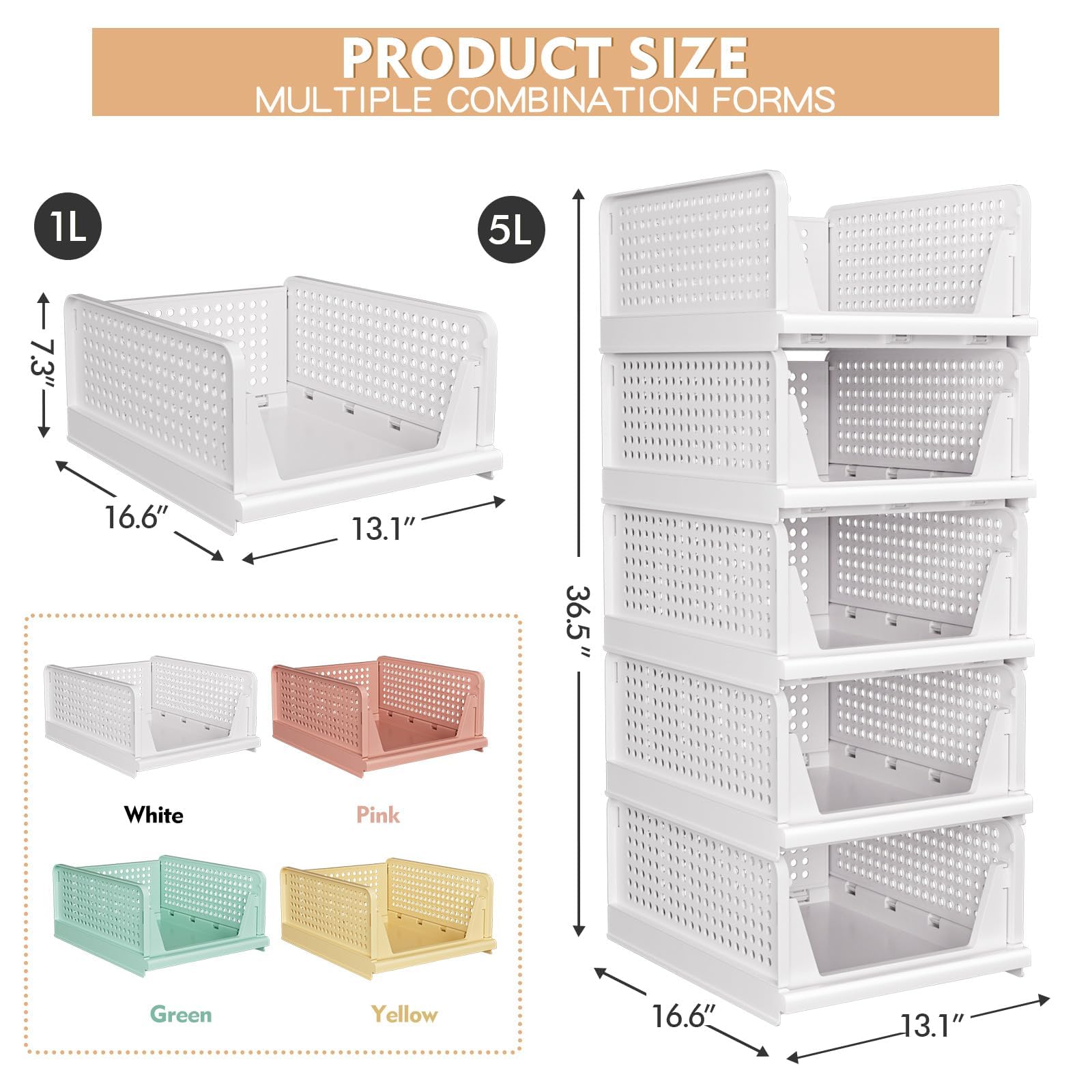 5 Pack Stackable Closet Storage Basket - Stackable Storage Bins, Multifunctional & Foldable Closet Organizer Waterproof, Wardrobe Cupboard Space-Saving Hat detail image 3