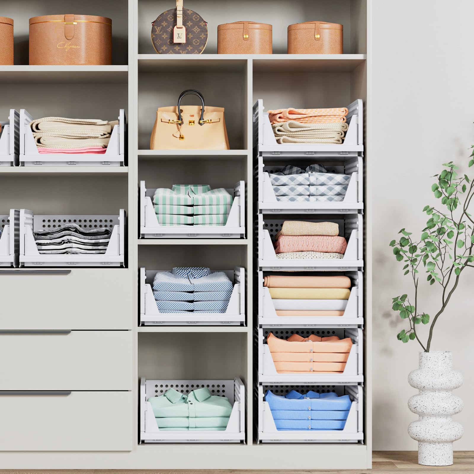 5 Pack Stackable Closet Storage Basket - Stackable Storage Bins, Multifunctional & Foldable Closet Organizer Waterproof, Wardrobe Cupboard Space-Saving Hat detail image 6